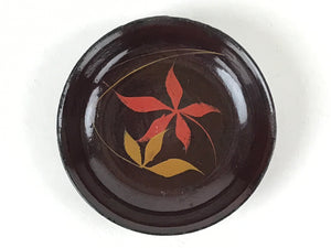 Japanese Lacquered Wooden Small Plate Mamezara Vtg Dish Round Brown Leaves L98