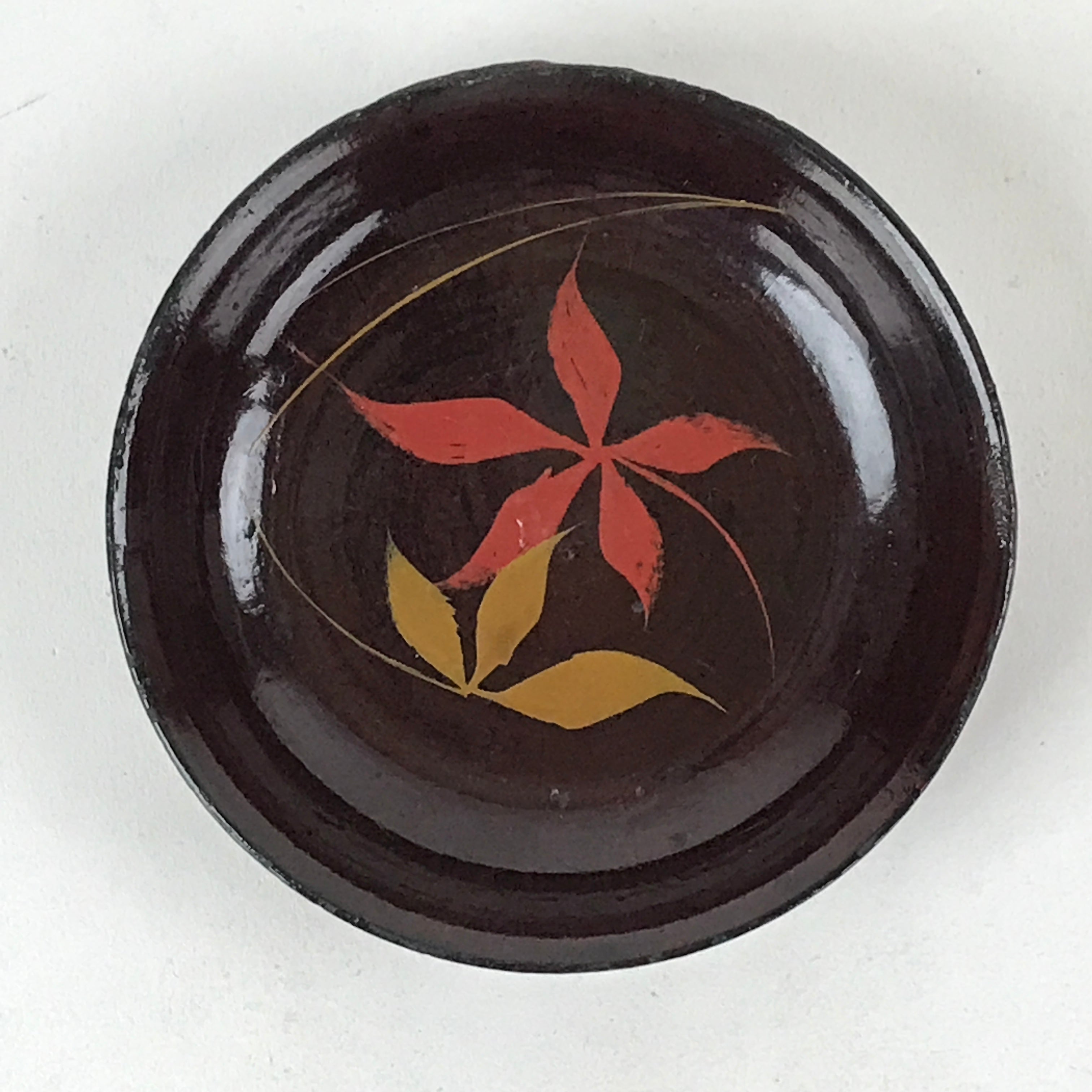 Japanese Lacquered Wooden Small Plate Mamezara Vtg Dish Round Brown Leaves L98