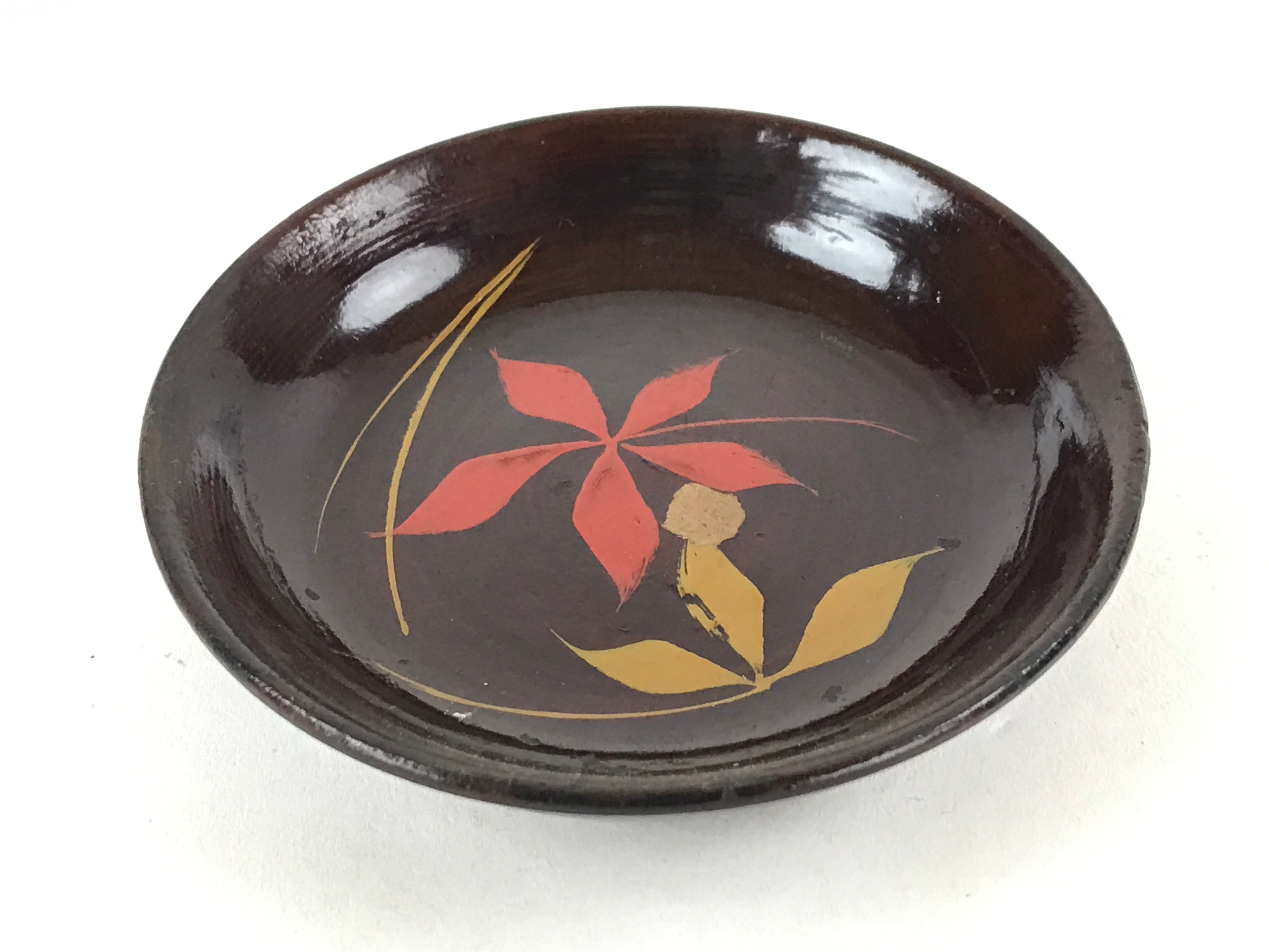 Japanese Lacquered Wooden Small Plate Mamezara Vtg Dish Round Brown Leaves L99