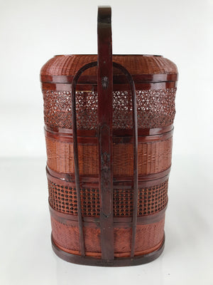 Japanese Lacquered Woven Bamboo Basket Lunch Box Lidded Bento 4 Tiers Makie L123
