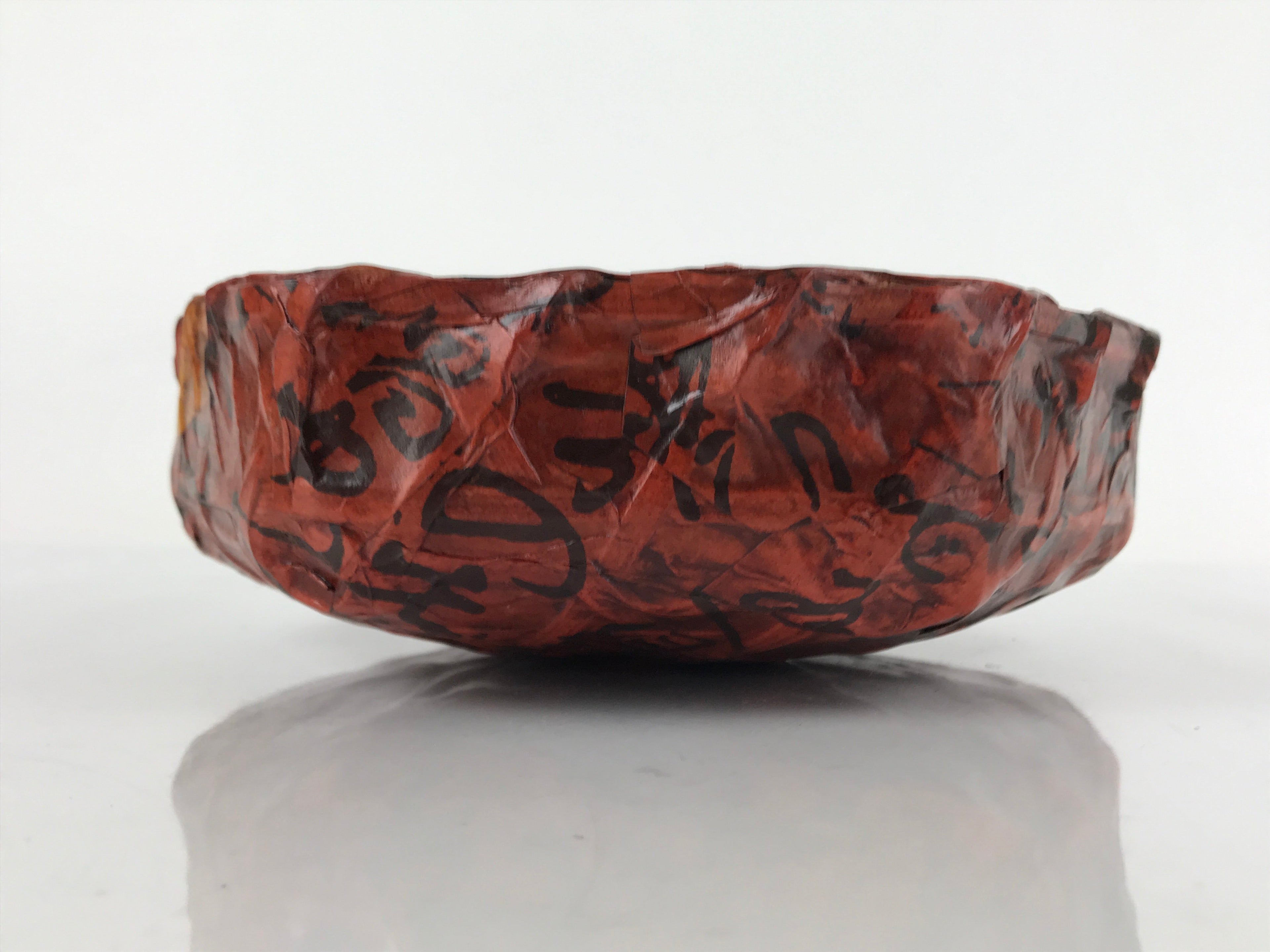 Japanese Lacquered Woven Bamboo Ikkanbari Snack Bowl Vtg Black Kanji Red L138