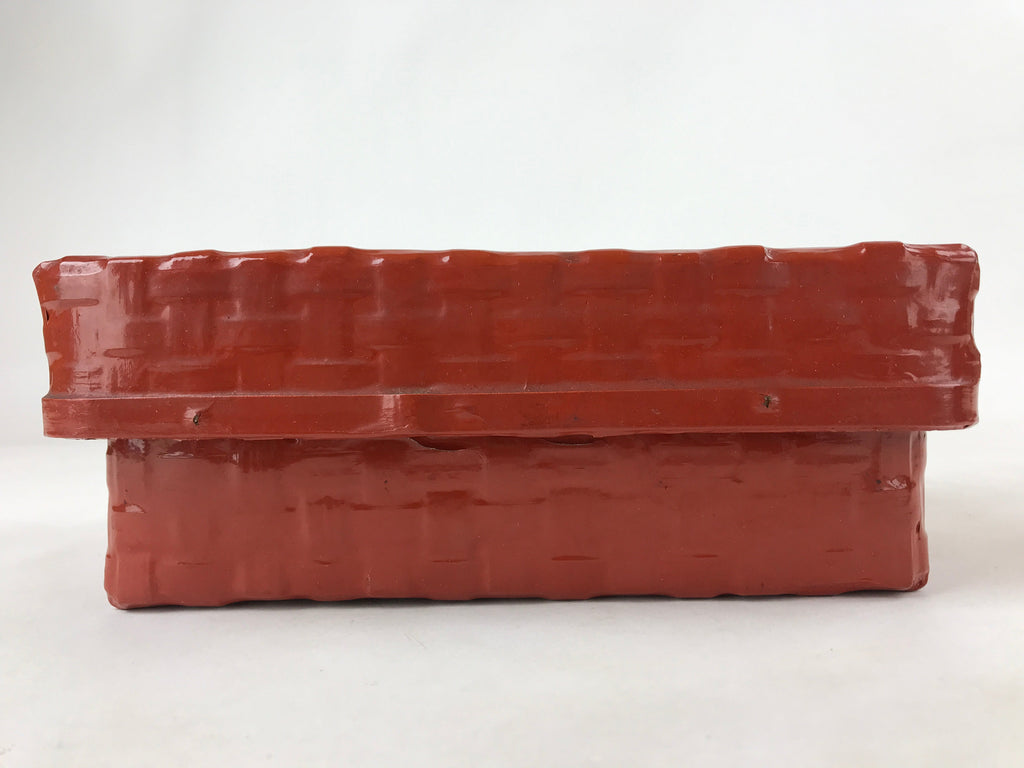 Japanese Lacquered Woven Bamboo Rantai Lidded Box Vtg Washi Paper Lined Red L116