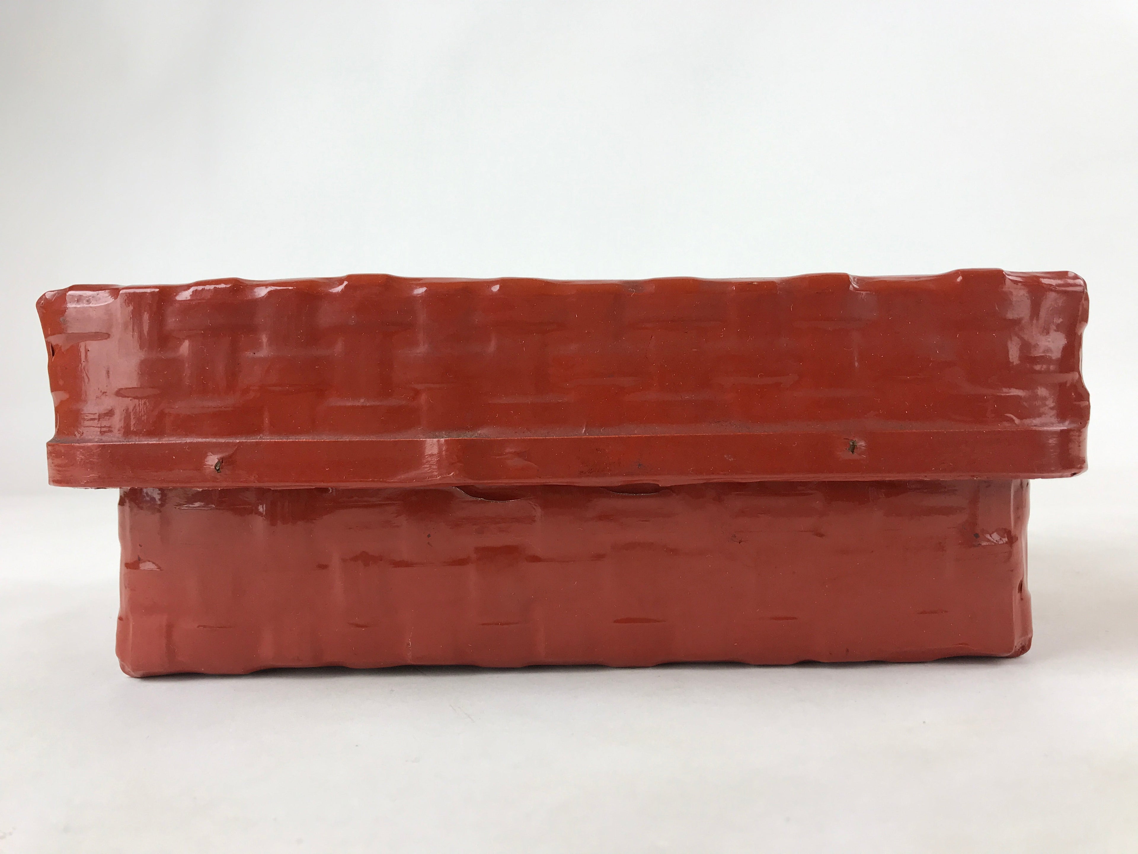 Japanese Lacquered Woven Bamboo Rantai Lidded Box Vtg Washi Paper Lined Red L116