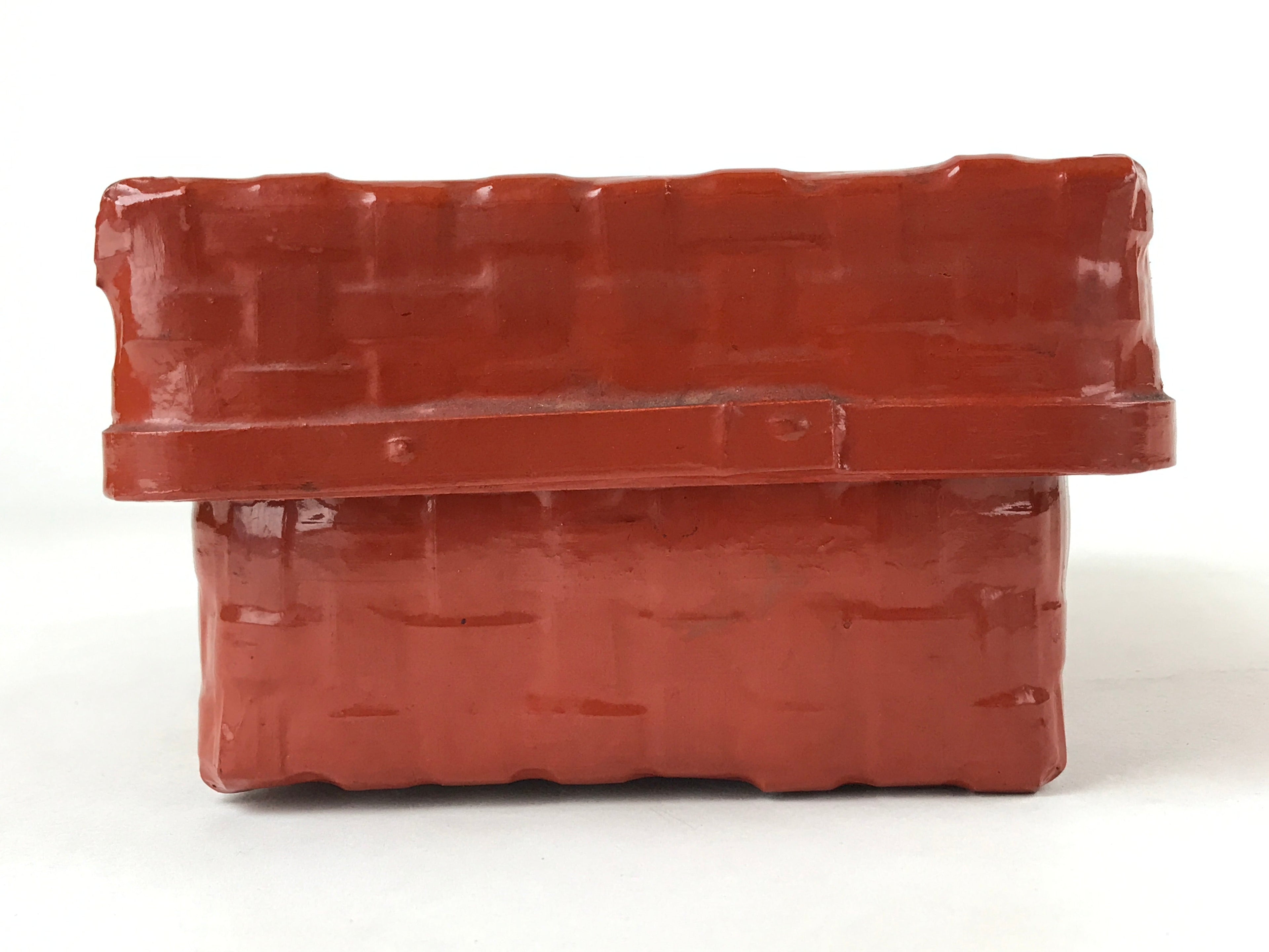Japanese Lacquered Woven Bamboo Rantai Lidded Box Vtg Washi Paper Lined Red L116