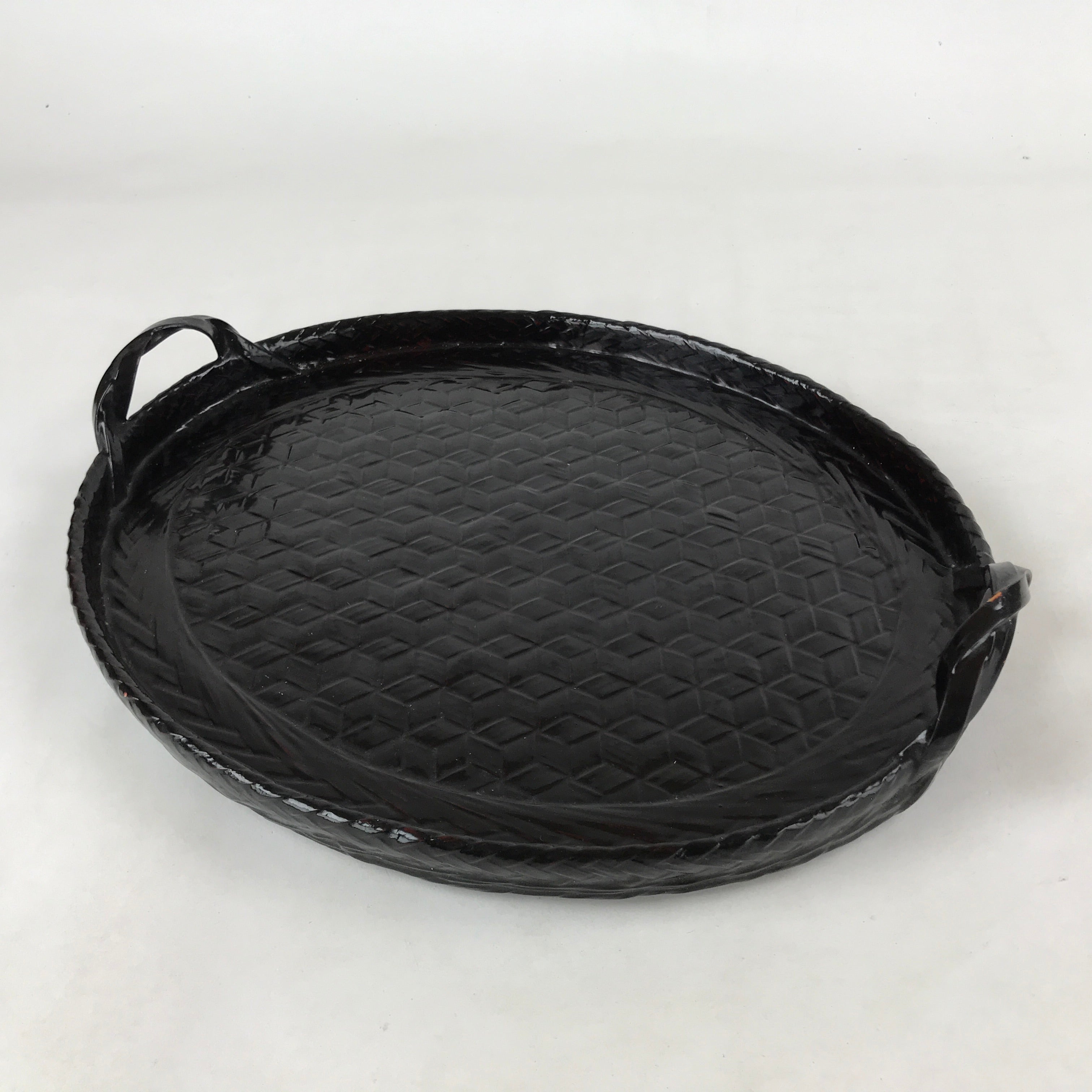 Japanese Lacquered Woven Bamboo Rantai Serving Tray Vtg Obon Oval Black Red L119