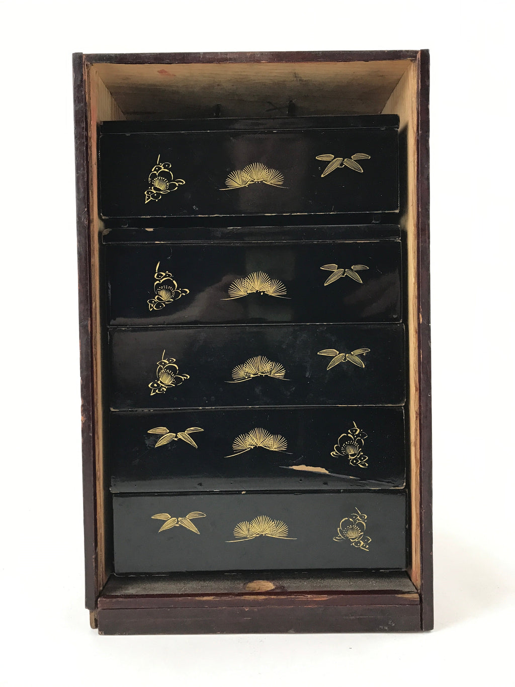 Japanese Lacquerware Bento Boxes 5 Tiers 2 Lids Vtg Wood Storage Box Makie LWB61