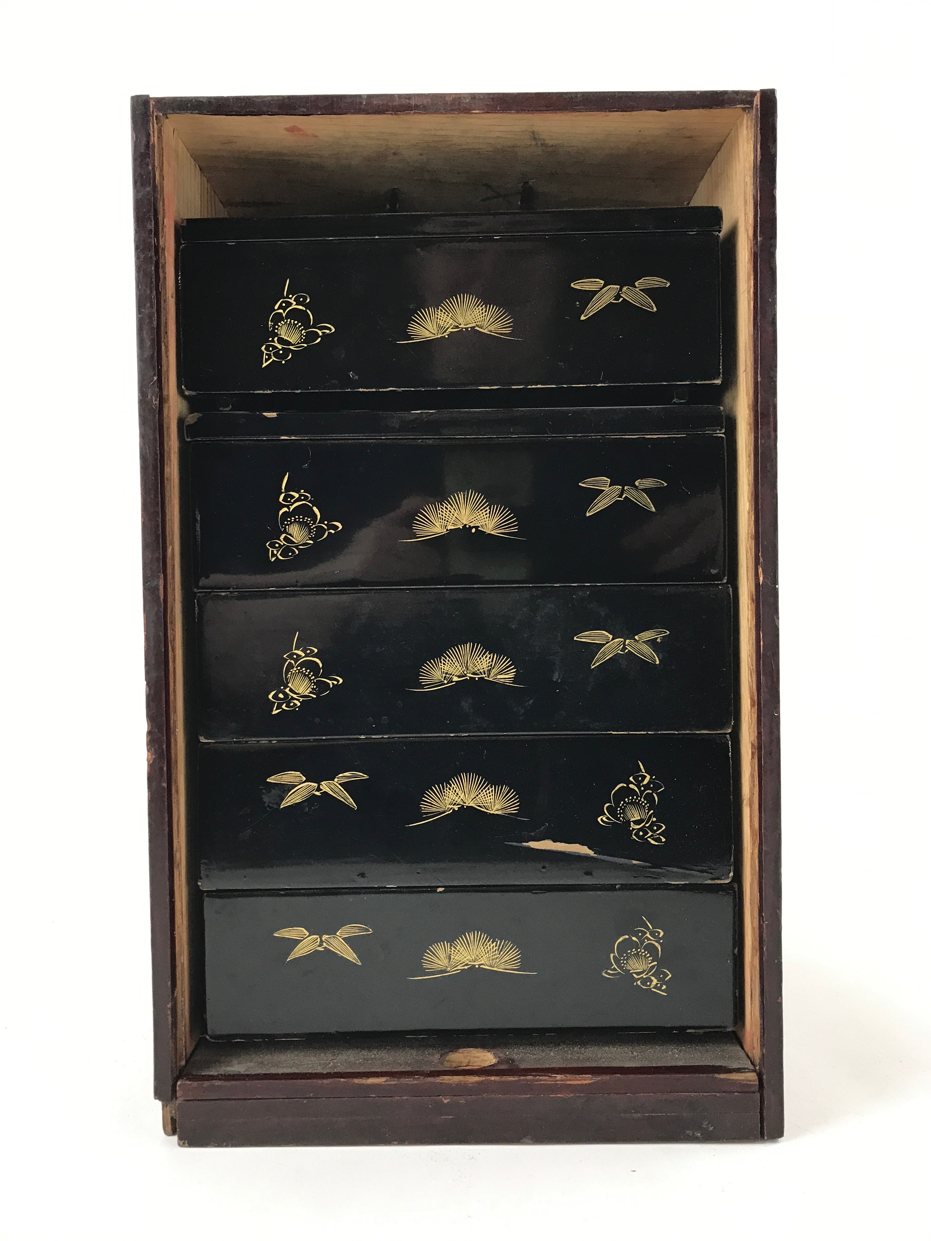 Japanese Lacquerware Bento Boxes 5 Tiers 2 Lids Vtg Wood Storage Box Makie LWB61