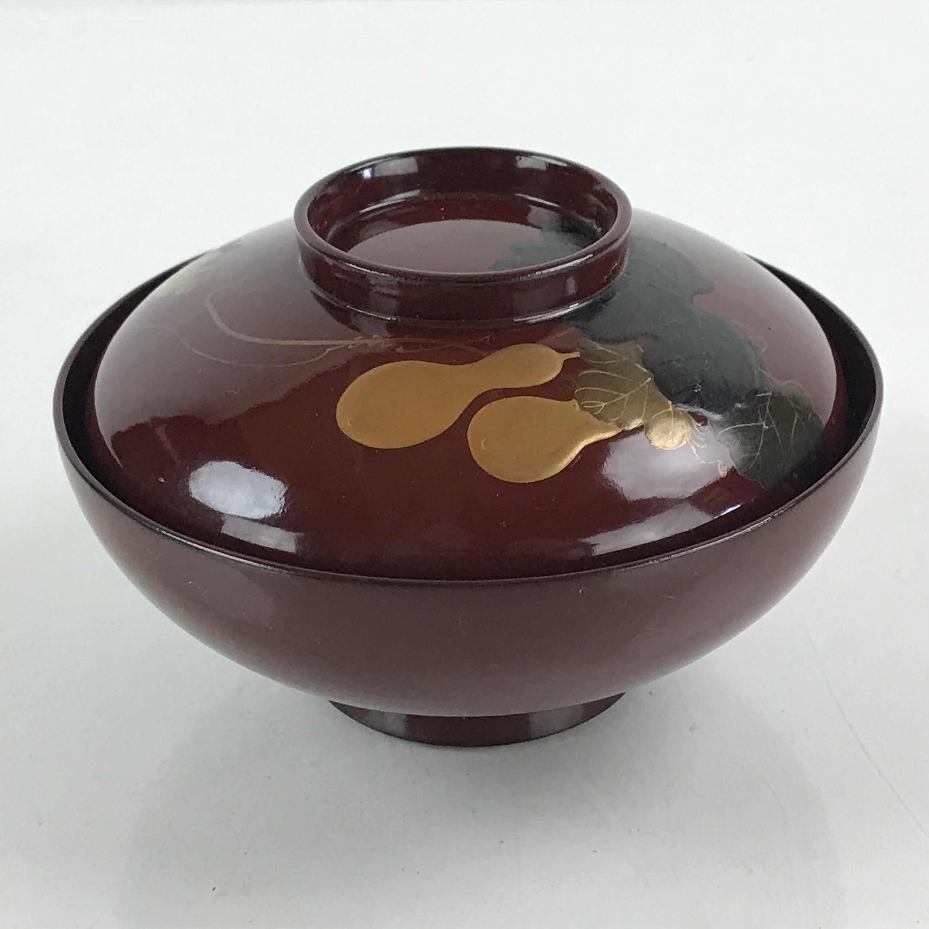Japanese Lacquerware Lidded Bowl Vtg Nimonowan Makie Hyotan Gourd Red LB72