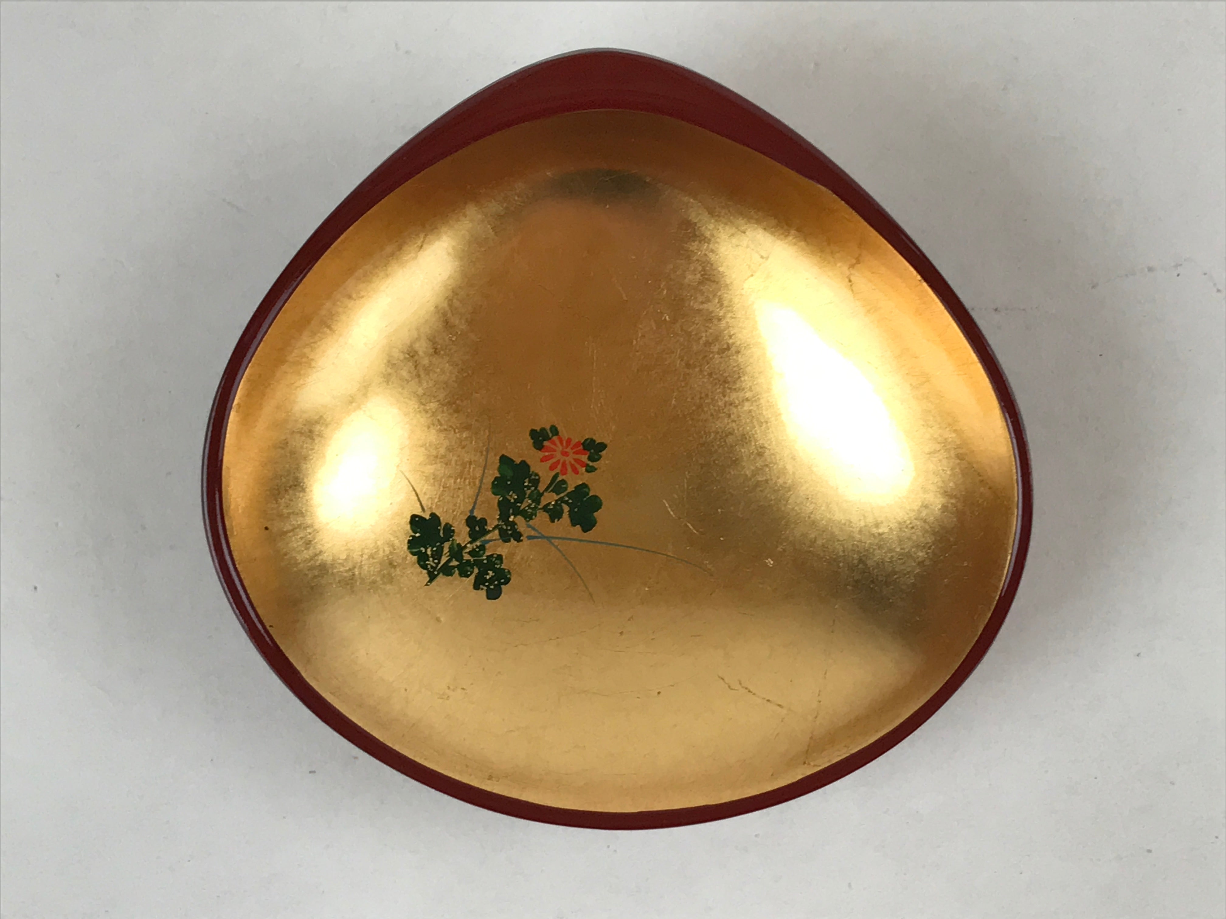 Japanese Lacquerware Replica Gilt Bowl Vtg Shell Sweets Dish Gold Red Flower L72