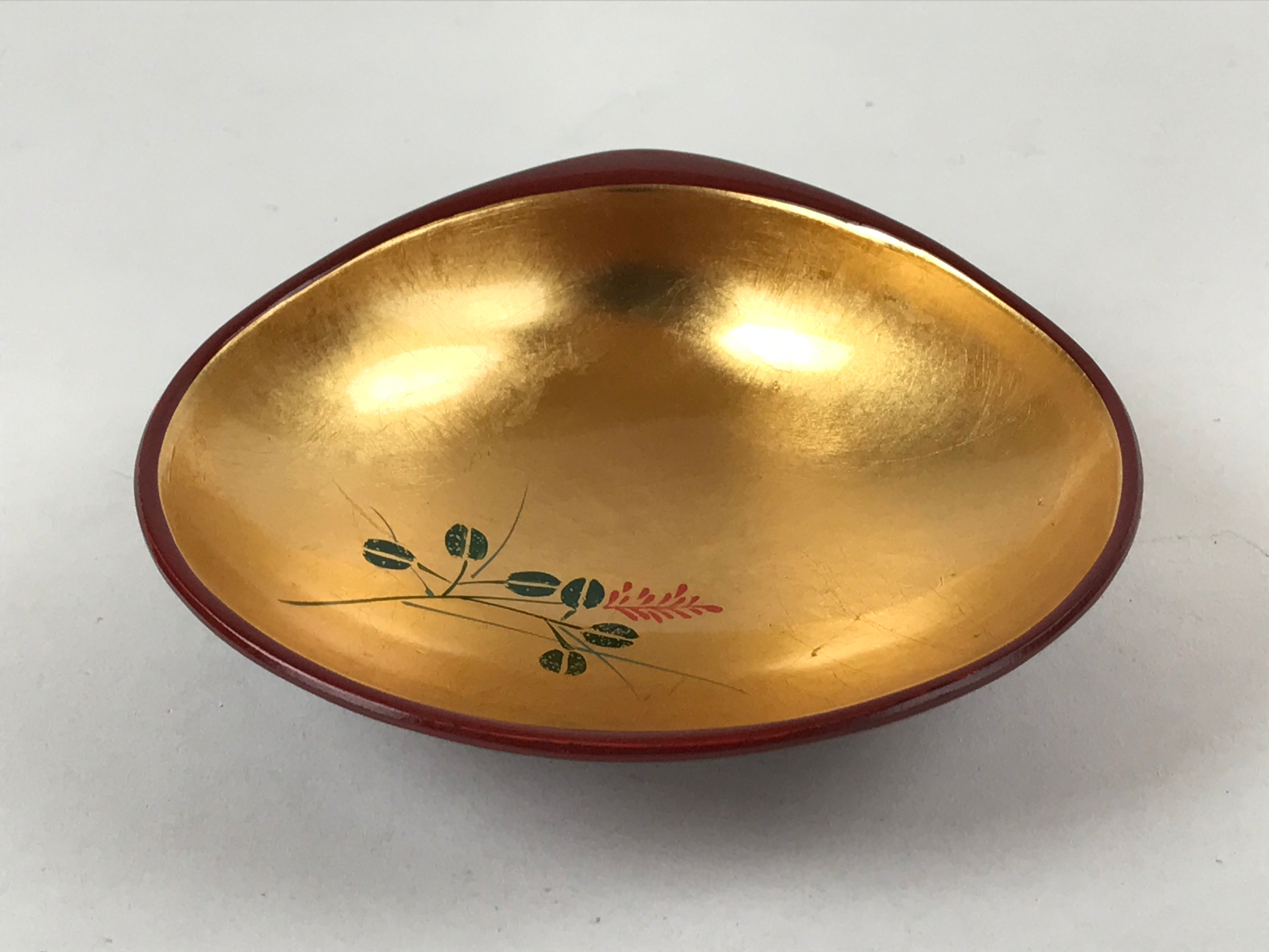 Japanese Lacquerware Replica Gilt Bowl Vtg Shell Sweets Dish Gold Red Flower L73