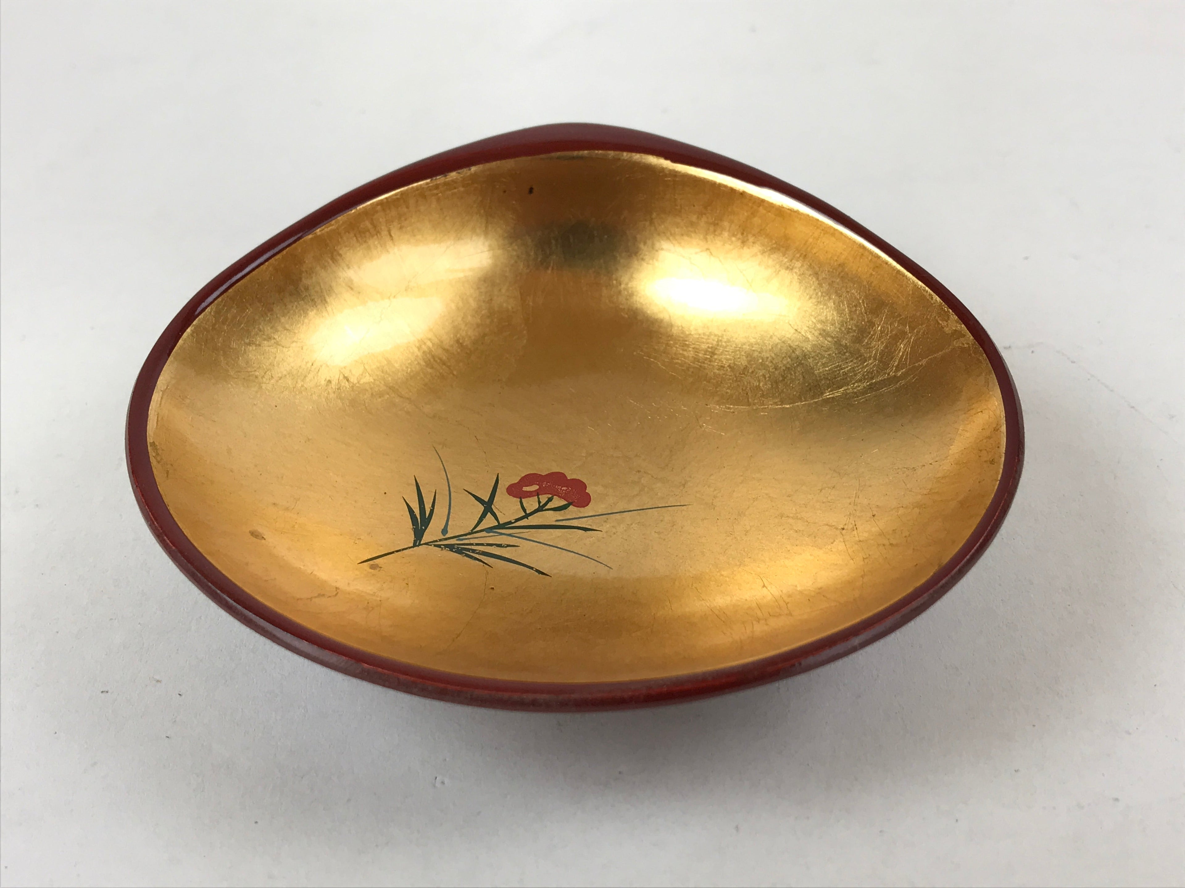 Japanese Lacquerware Replica Gilt Bowl Vtg Shell Sweets Dish Gold Red Flower L74
