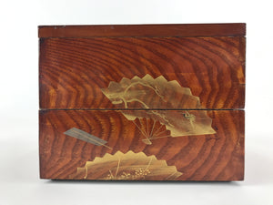Japanese Lacquerware Wooden Bento Box 2 Tier Vtg Brown Jubako Folding Fan JB83