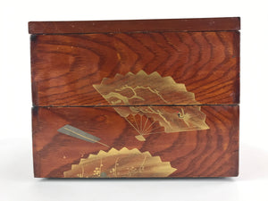 Japanese Lacquerware Wooden Bento Box 2 Tier Vtg Brown Jubako Folding Fan JB83