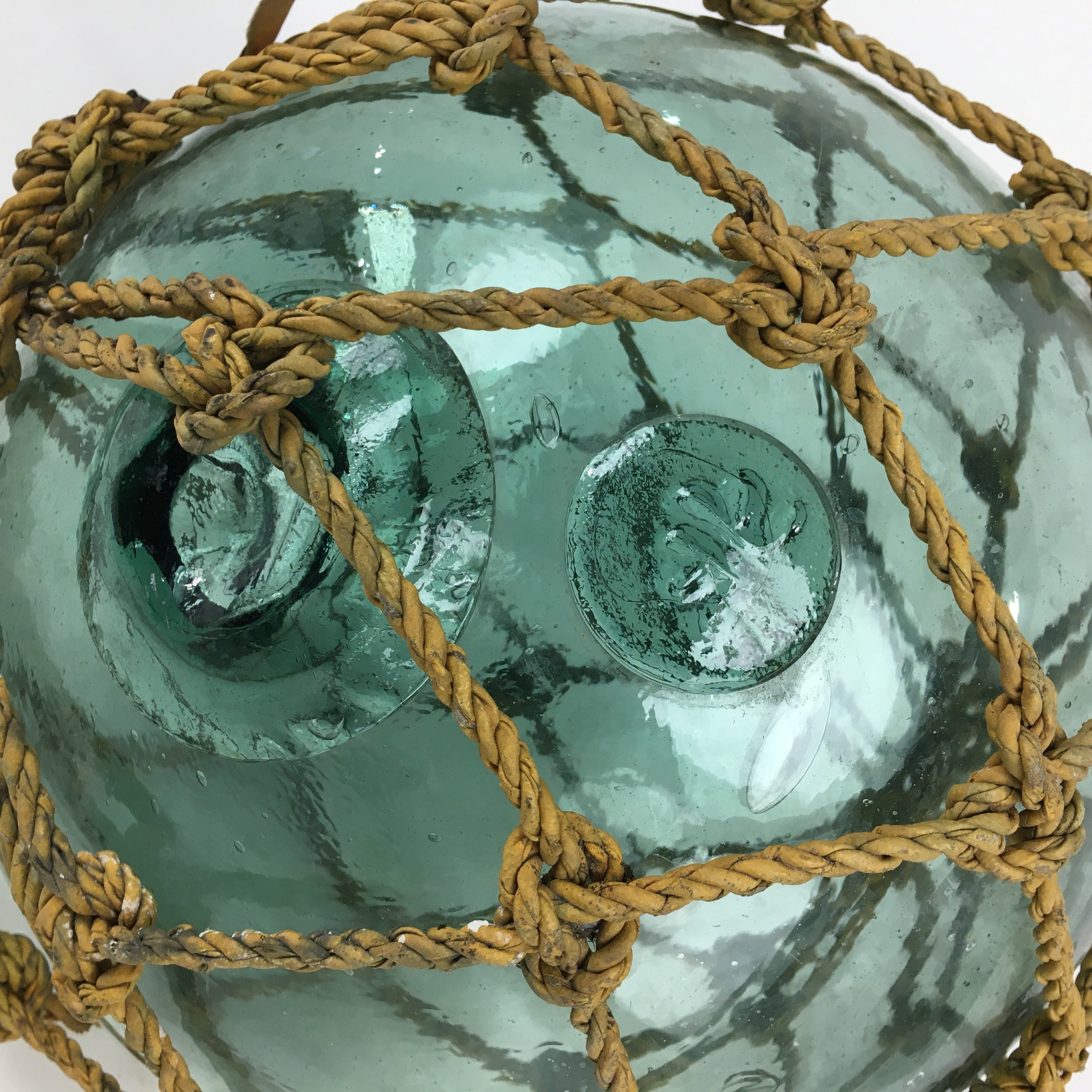 Antique Glass Fishing Float Buoy Ball Large 12+ Blue / Green Net RARE  Condition