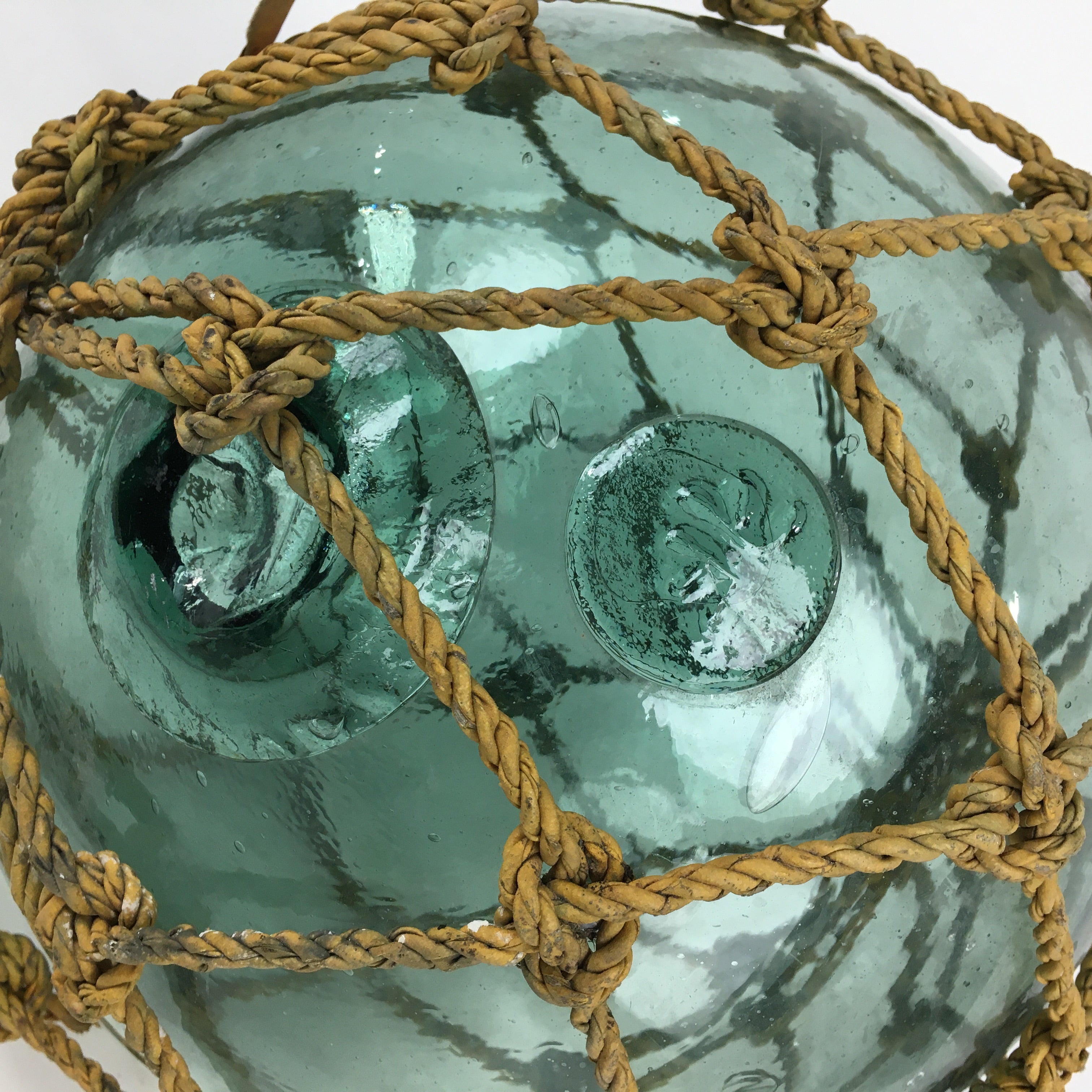 Japanese Large Glass Fishing Float Ball Vtg Blue Boat Buoy With Net BD737