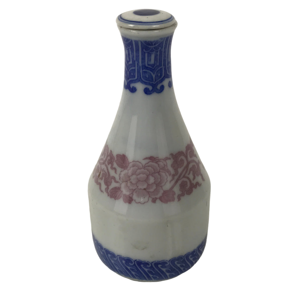 Japanese Lidded Porcelain Sake Bottle Tokkuri Vtg Sometsuke Pink Peony TS832