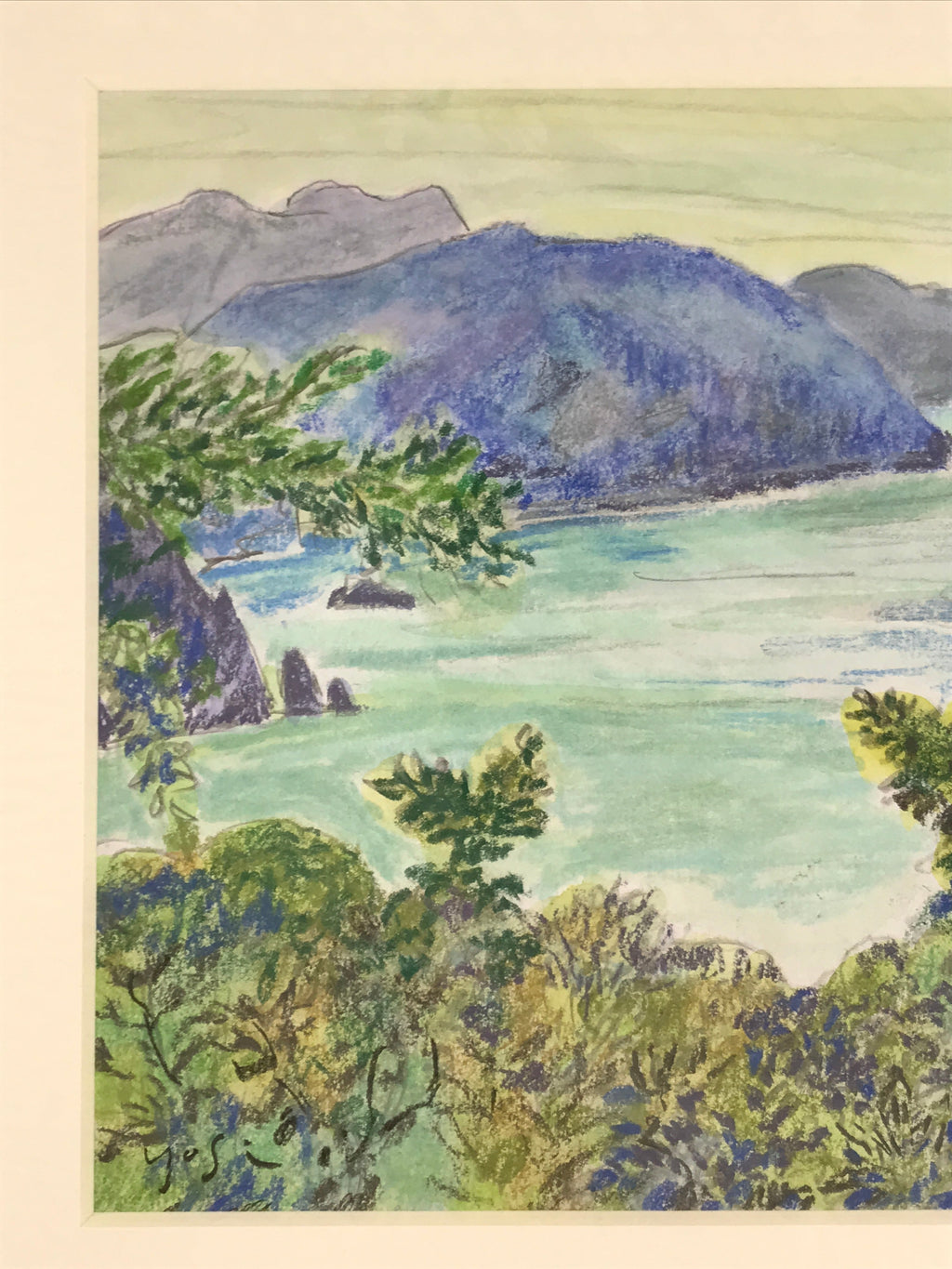 Japanese Lush Ocean Coastline Pastel Drawing Art Signed Yoshihiro Hagino FL337