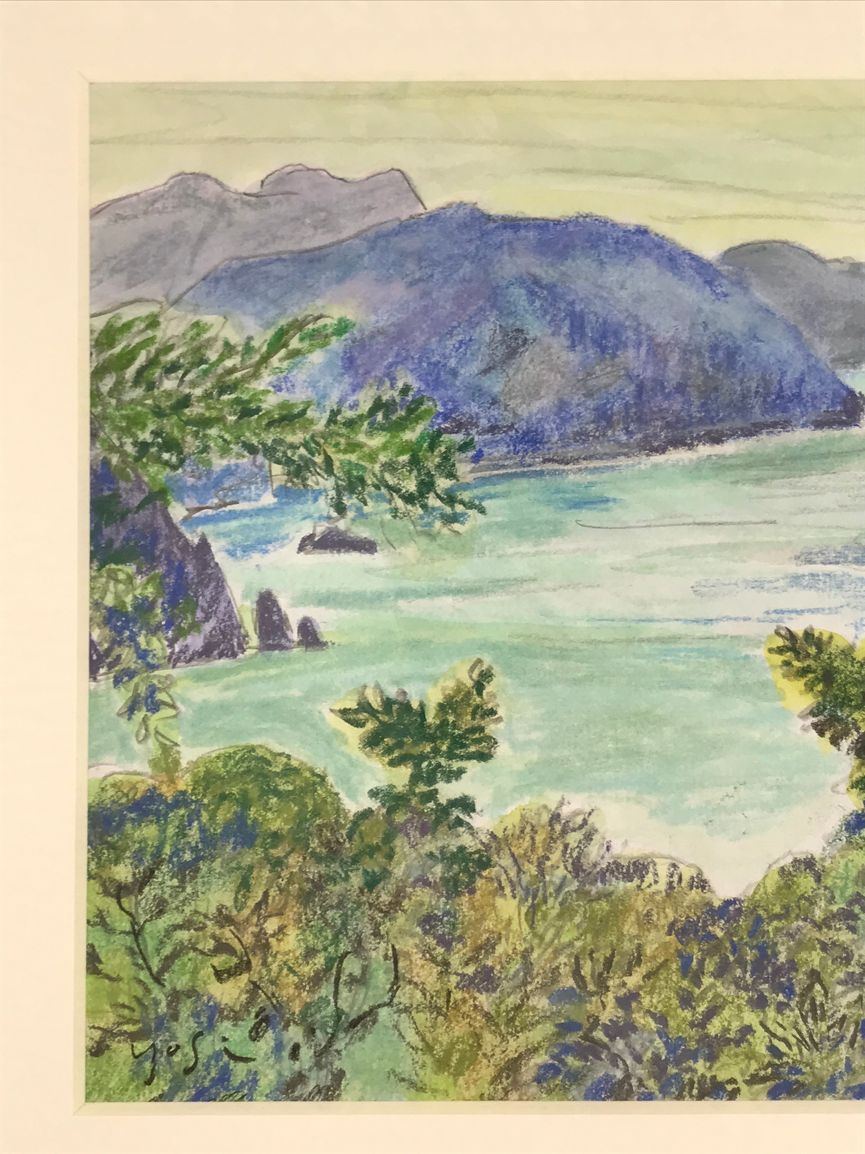 Japanese Lush Ocean Coastline Pastel Drawing Art Signed Yoshihiro Hagino FL337