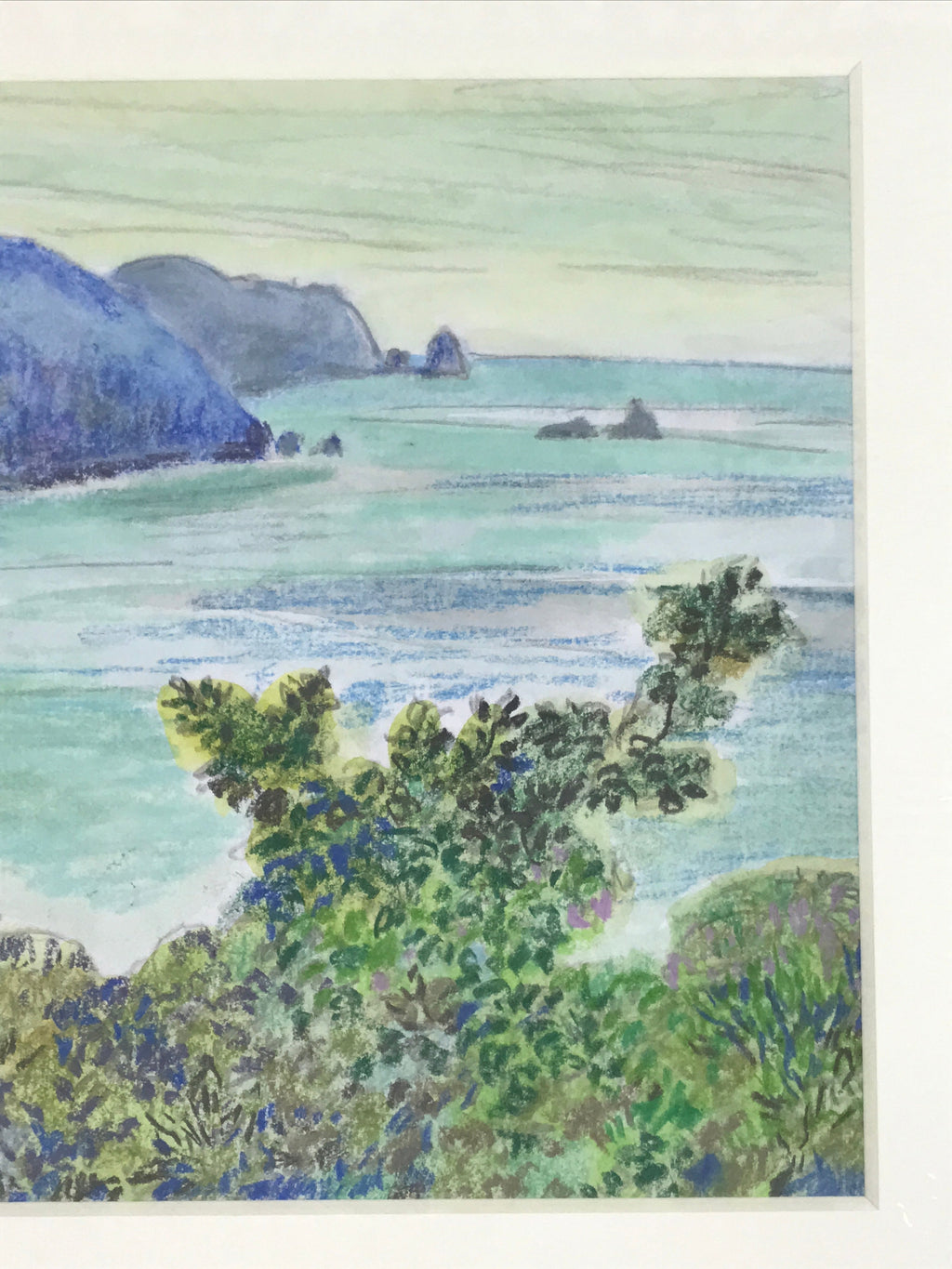 Japanese Lush Ocean Coastline Pastel Drawing Art Signed Yoshihiro Hagino FL337