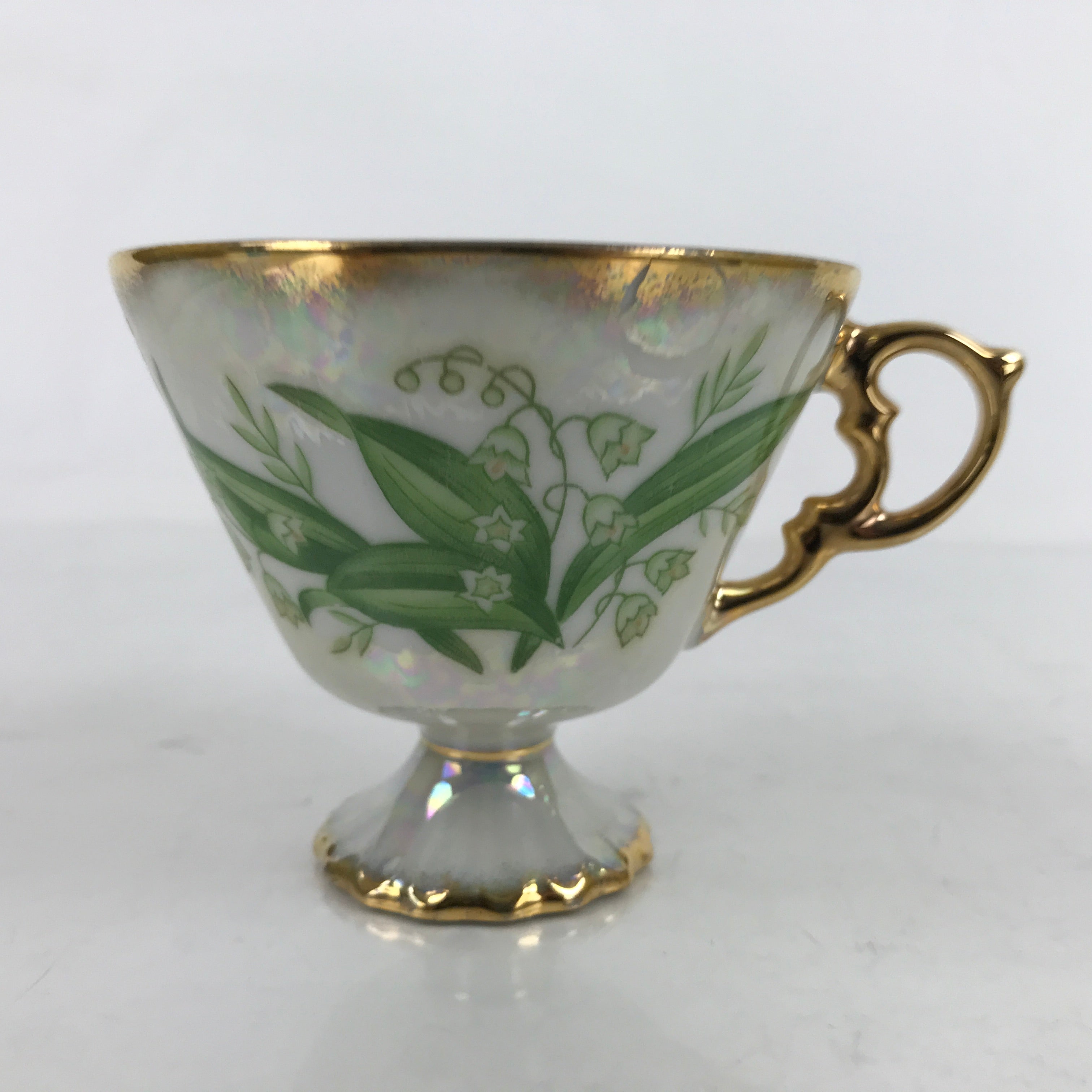 Japanese Lusterware Ohashi Porcelain China Teacup Saucer Set Vtg w/Stand Y178