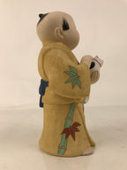 Japanese Man Petting Dog Clay Doll Vtg Ningyo Figurine Kimono Yellow ST43