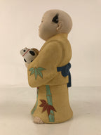 Japanese Man Petting Dog Clay Doll Vtg Ningyo Figurine Kimono Yellow ST43