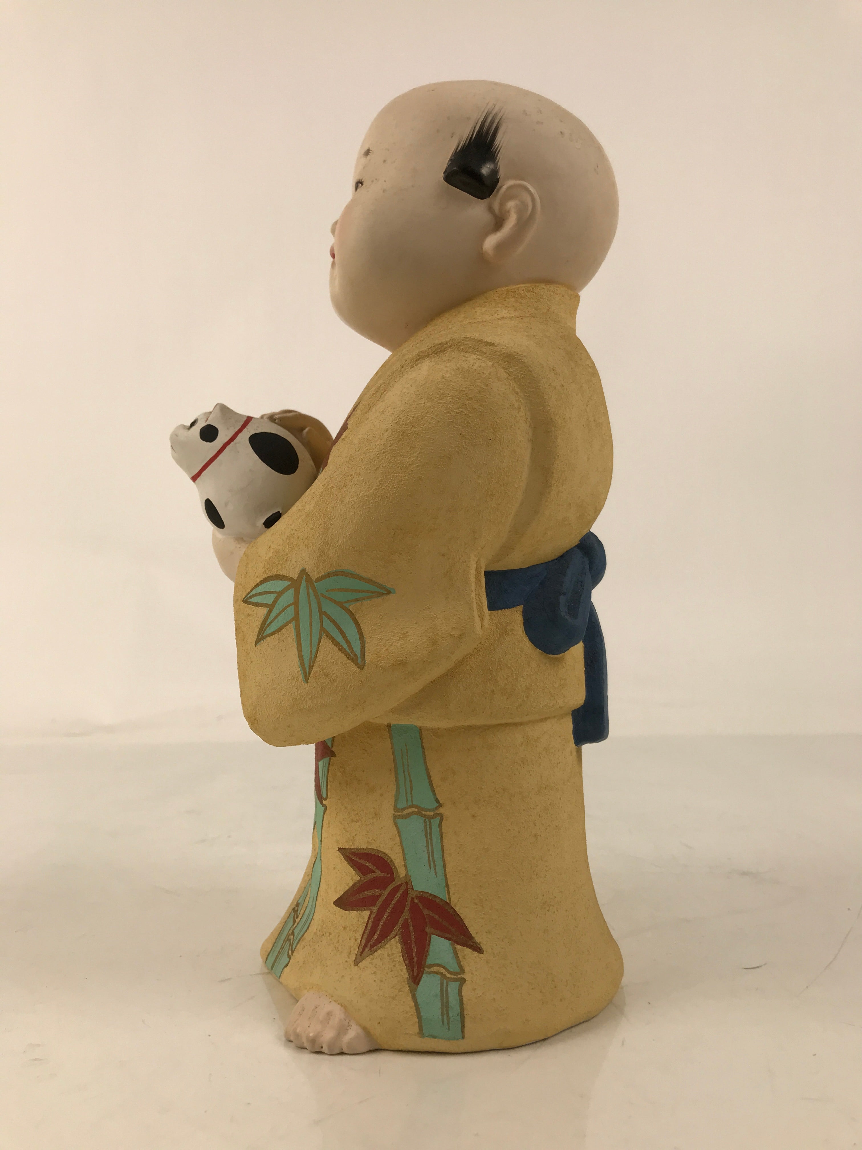 Japanese Man Petting Dog Clay Doll Vtg Ningyo Figurine Kimono Yellow ST43