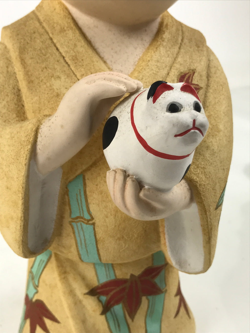 Japanese Man Petting Dog Clay Doll Vtg Ningyo Figurine Kimono Yellow ST43