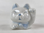 Japanese Maneki-Neko Lucky Cat Smiling Face Figurine Vtg Ceramic Blue BD939