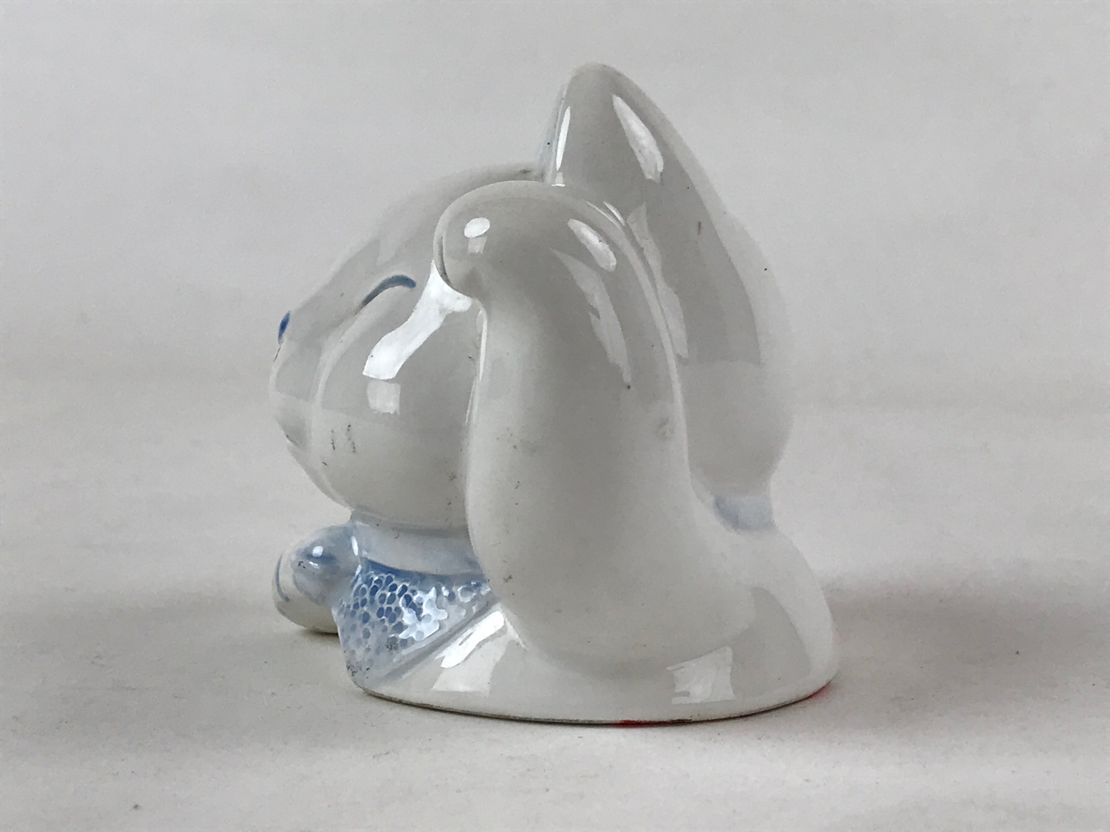 Japanese Maneki-Neko Lucky Cat Smiling Face Figurine Vtg Ceramic Blue BD939