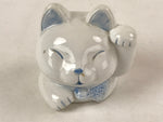 Japanese Maneki-Neko Lucky Cat Smiling Face Figurine Vtg Ceramic Blue BD939