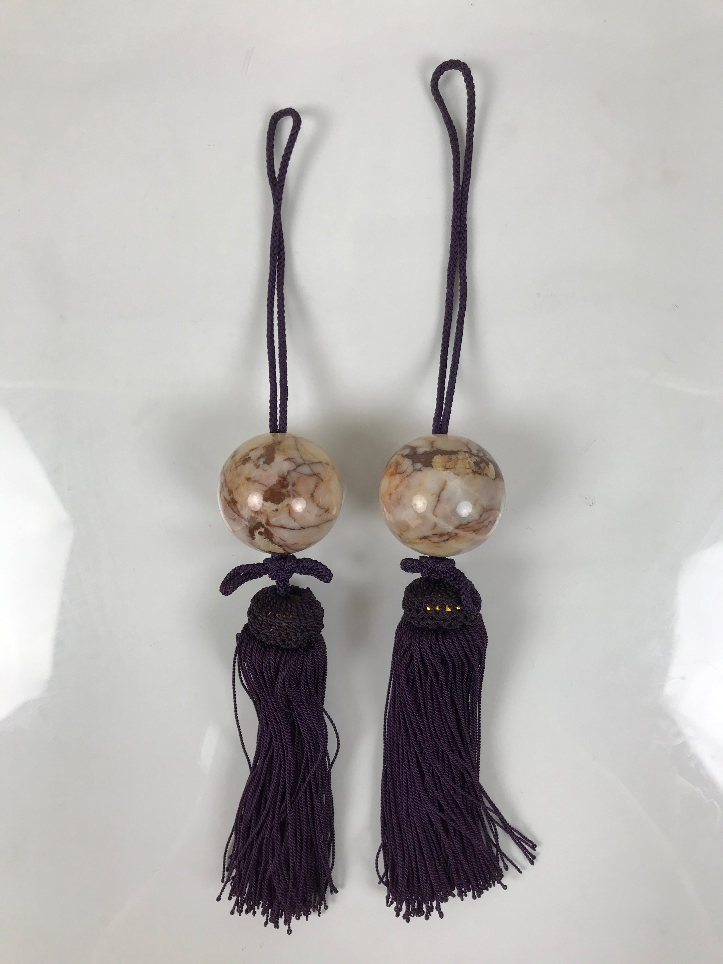 Japanese Marble Stone Hanging Scroll Weights Fuchin Kakejiku Purple Tassel FC370
