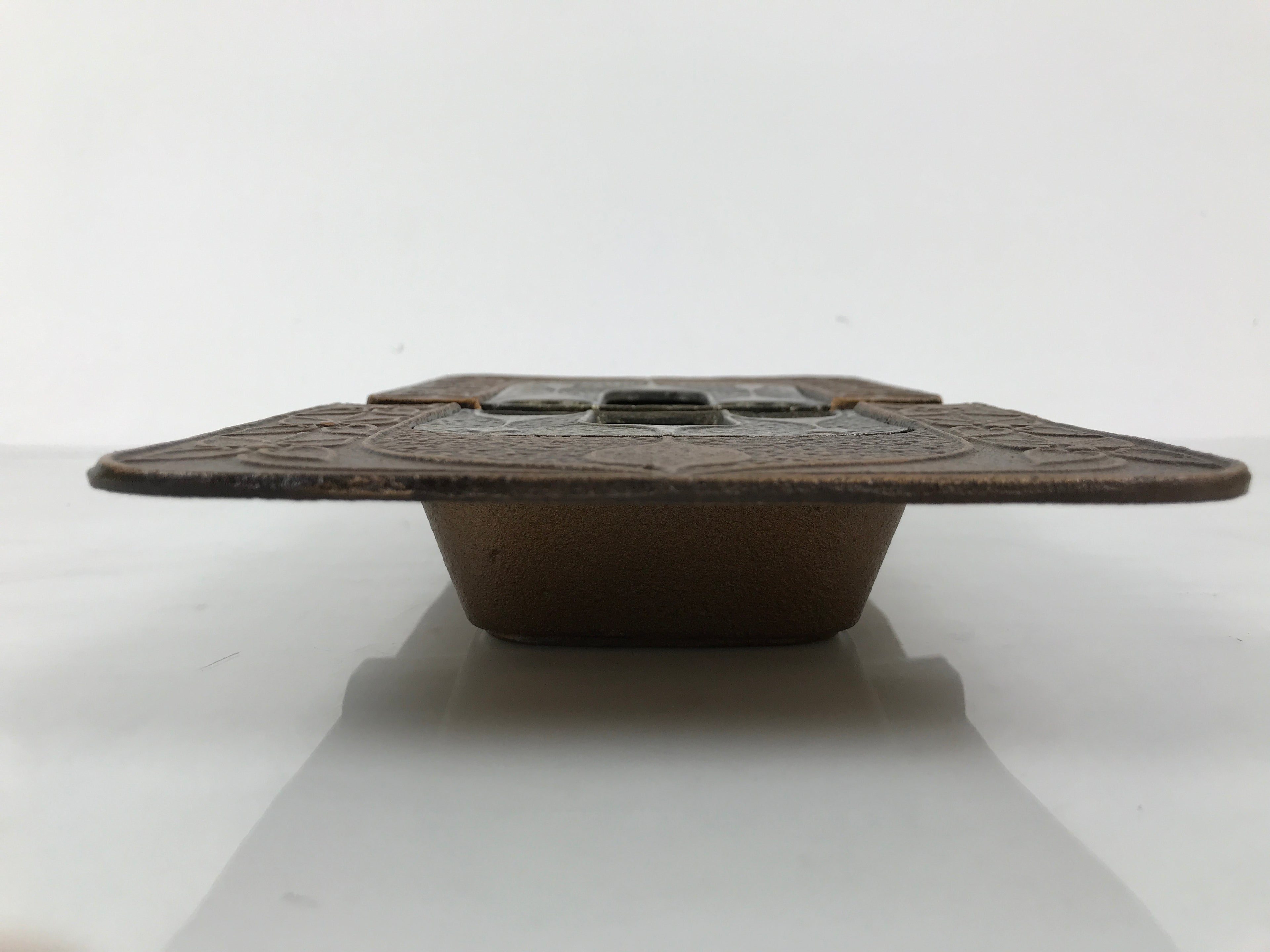 Japanese Metal Ashtray Vtg Haizara Rectangle Cast Iron Brown Floral Leaf JK925