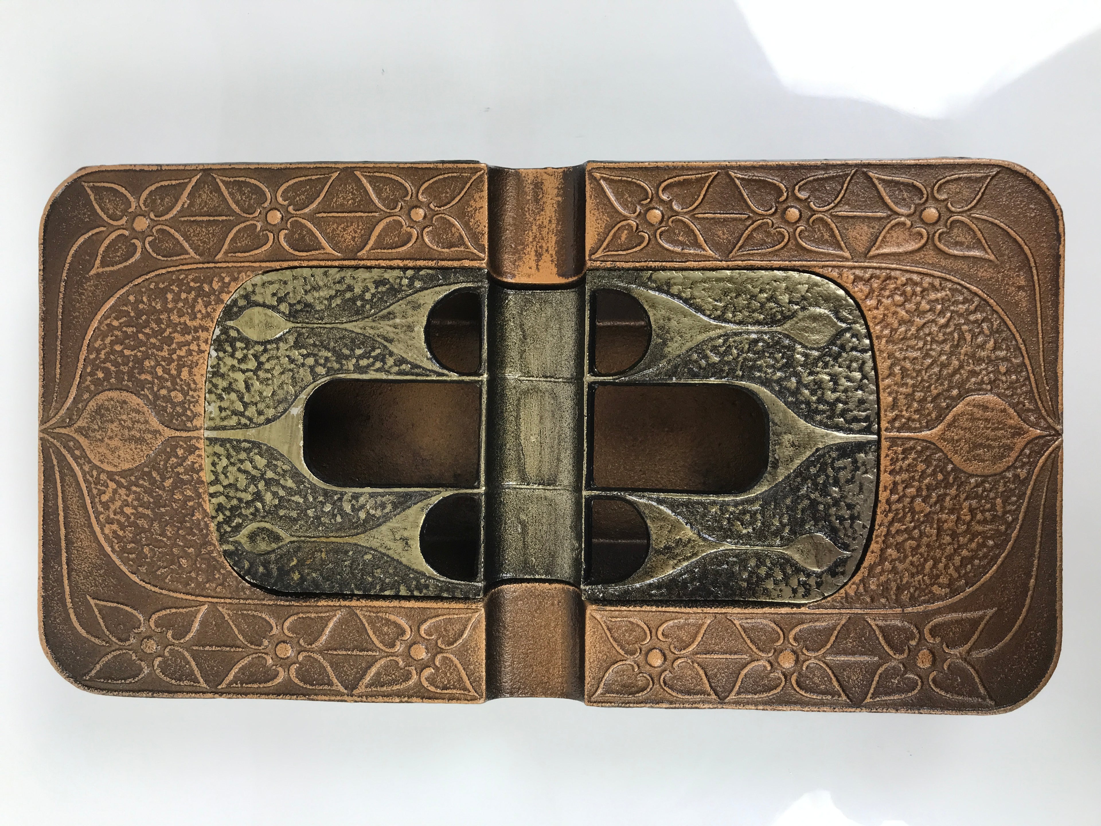 Japanese Metal Ashtray Vtg Haizara Rectangle Cast Iron Brown Floral Leaf JK925