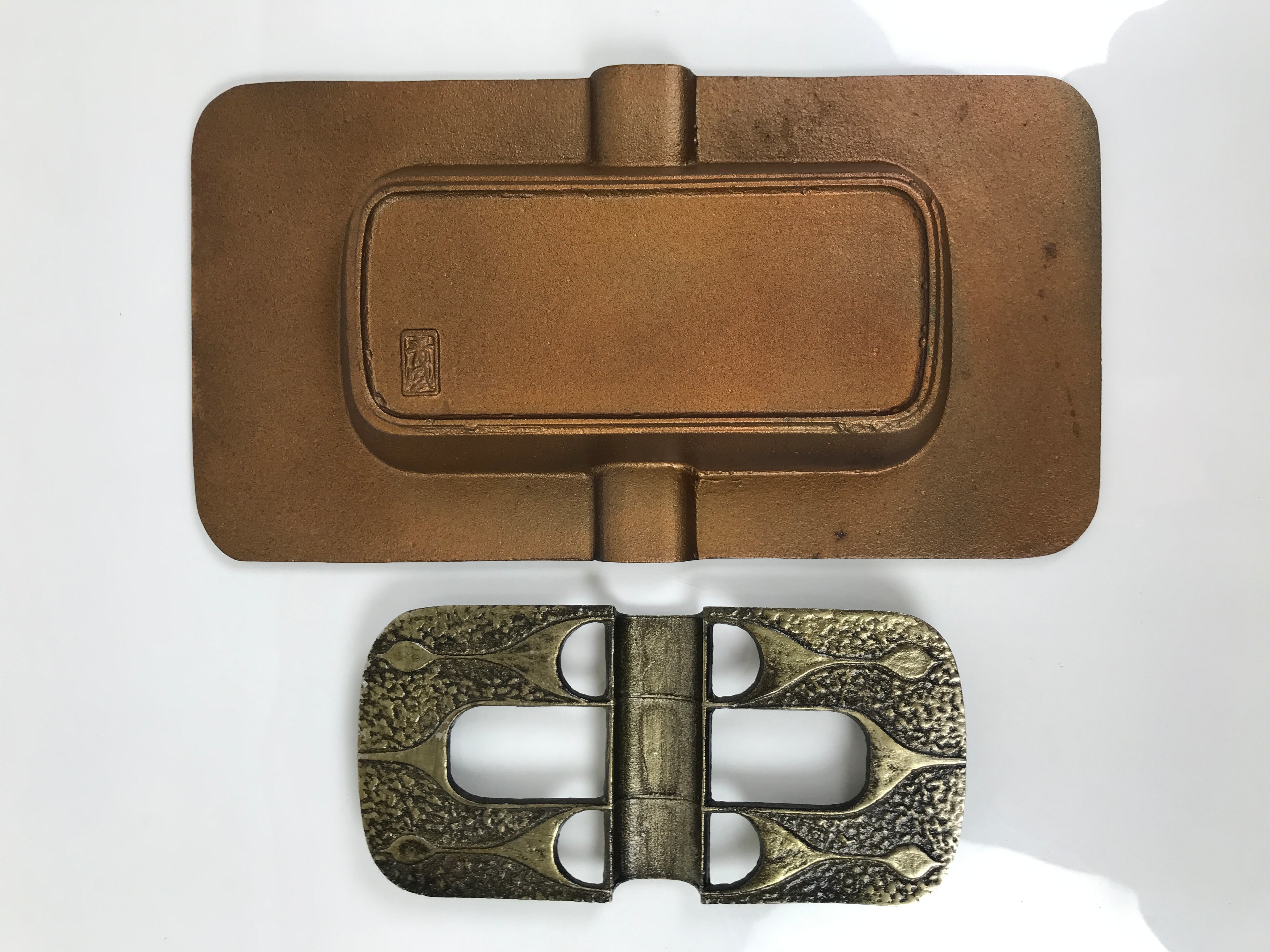Japanese Metal Ashtray Vtg Haizara Rectangle Cast Iron Brown Floral Leaf JK925