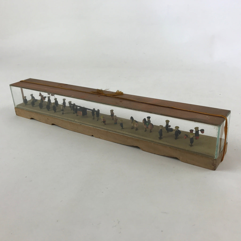 Japanese Metal Dolls Figurines Glass Case Vtg Daimyo Procession Horses BD934