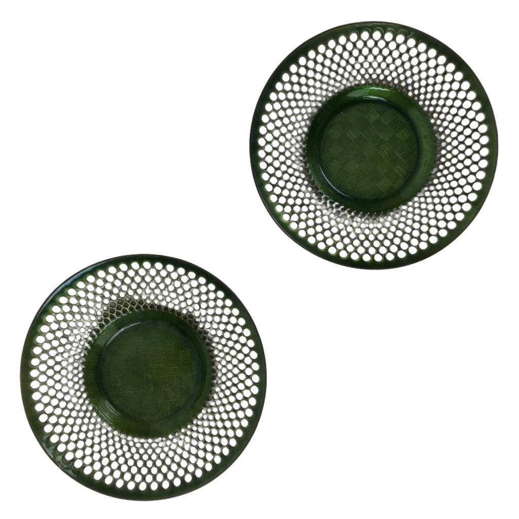 Japanese Metal Drink Saucer Vtg Chataku Coaster 2pcs Green Punched Holes L534