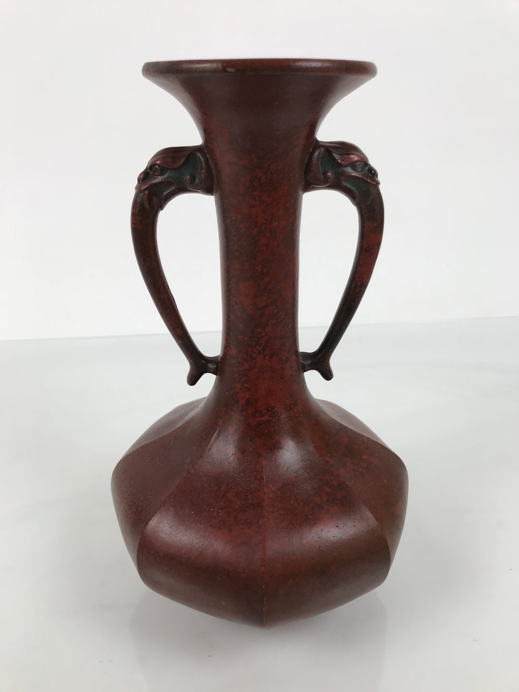 Japanese Metal Flower Vase Vtg Ikebana Kabin Brown Shishi Lion Handle FK228