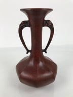 Japanese Metal Flower Vase Vtg Ikebana Kabin Brown Shishi Lion Handle FK228