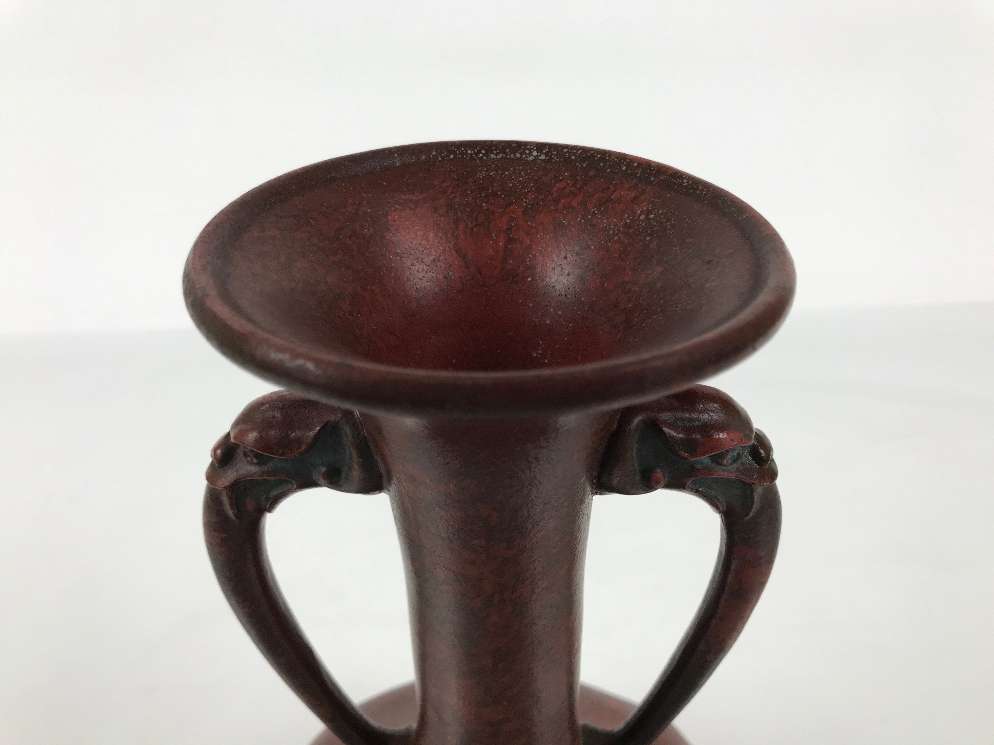 Japanese Metal Flower Vase Vtg Ikebana Kabin Brown Shishi Lion Handle FK228