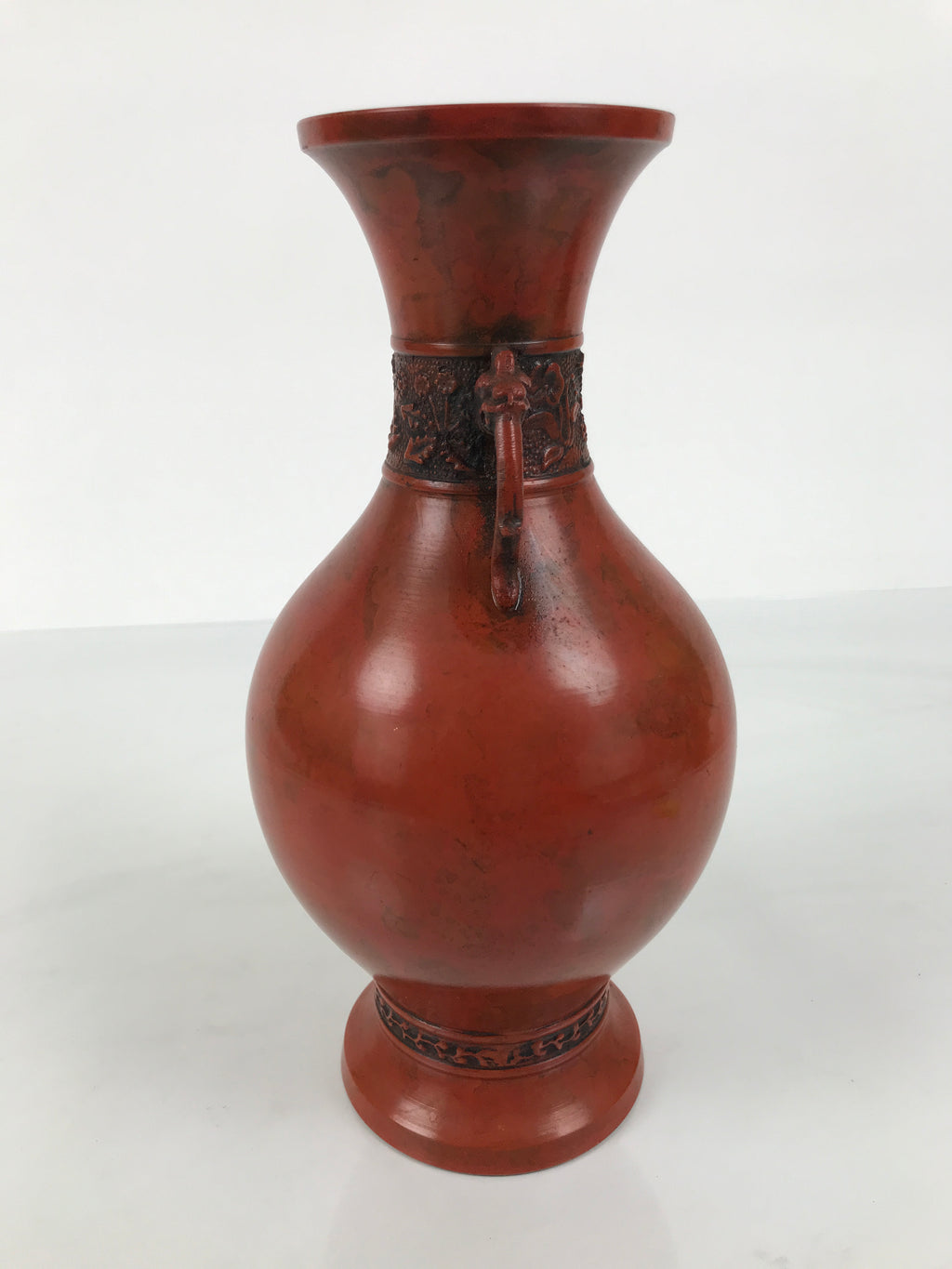 Japanese Metal Flower Vase Vtg Ikebana Kabin Brown Shishi Lion Handle FK229