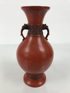 Japanese Metal Flower Vase Vtg Ikebana Kabin Brown Shishi Lion Handle FK229