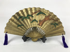 Japanese Metal Folding Fan Sensu Vtg Stand Purple Tassel Pine Matsu Gold BD977