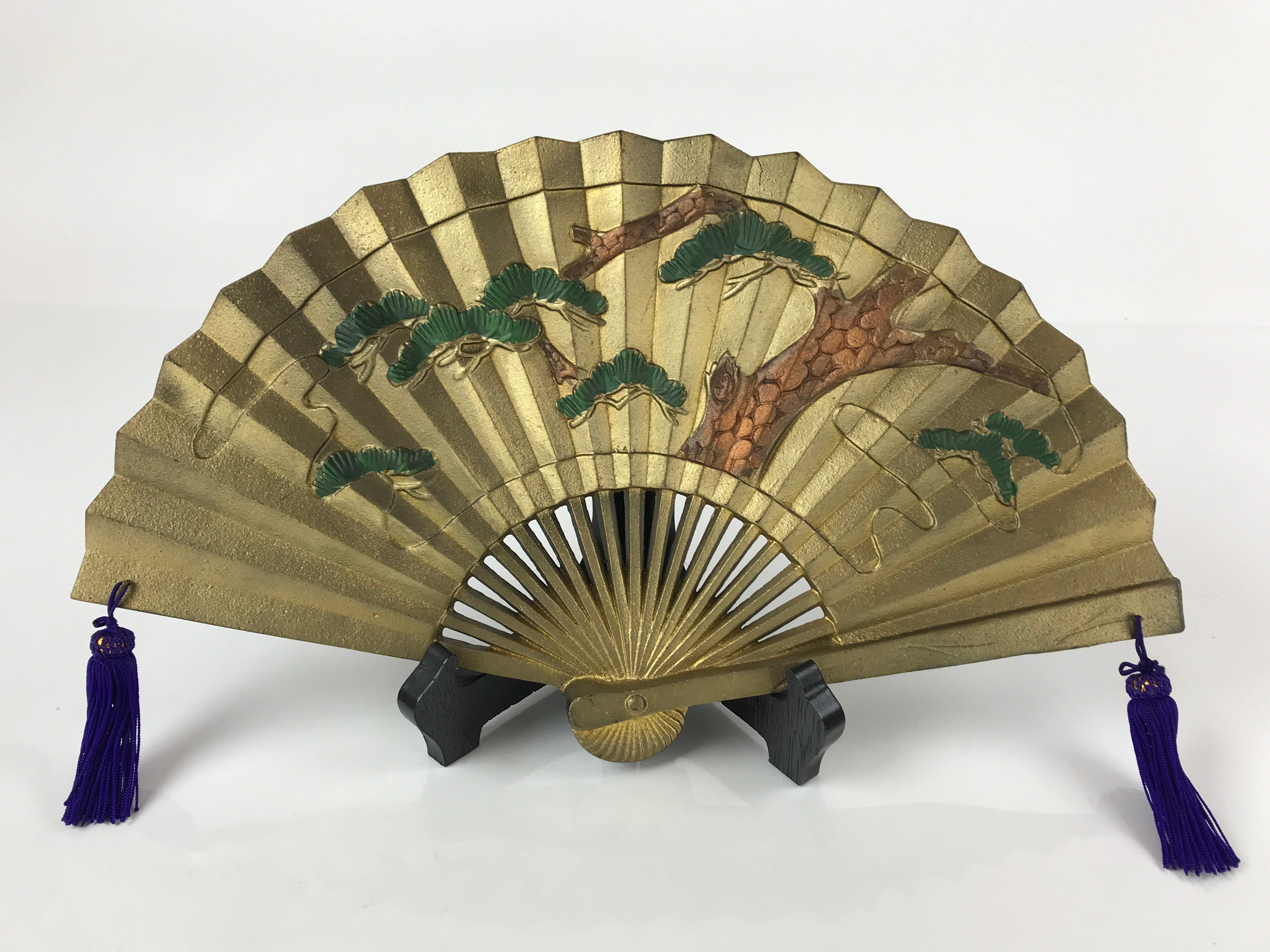 Japanese Metal Folding Fan Sensu Vtg Stand Purple Tassel Pine Matsu Gold BD977