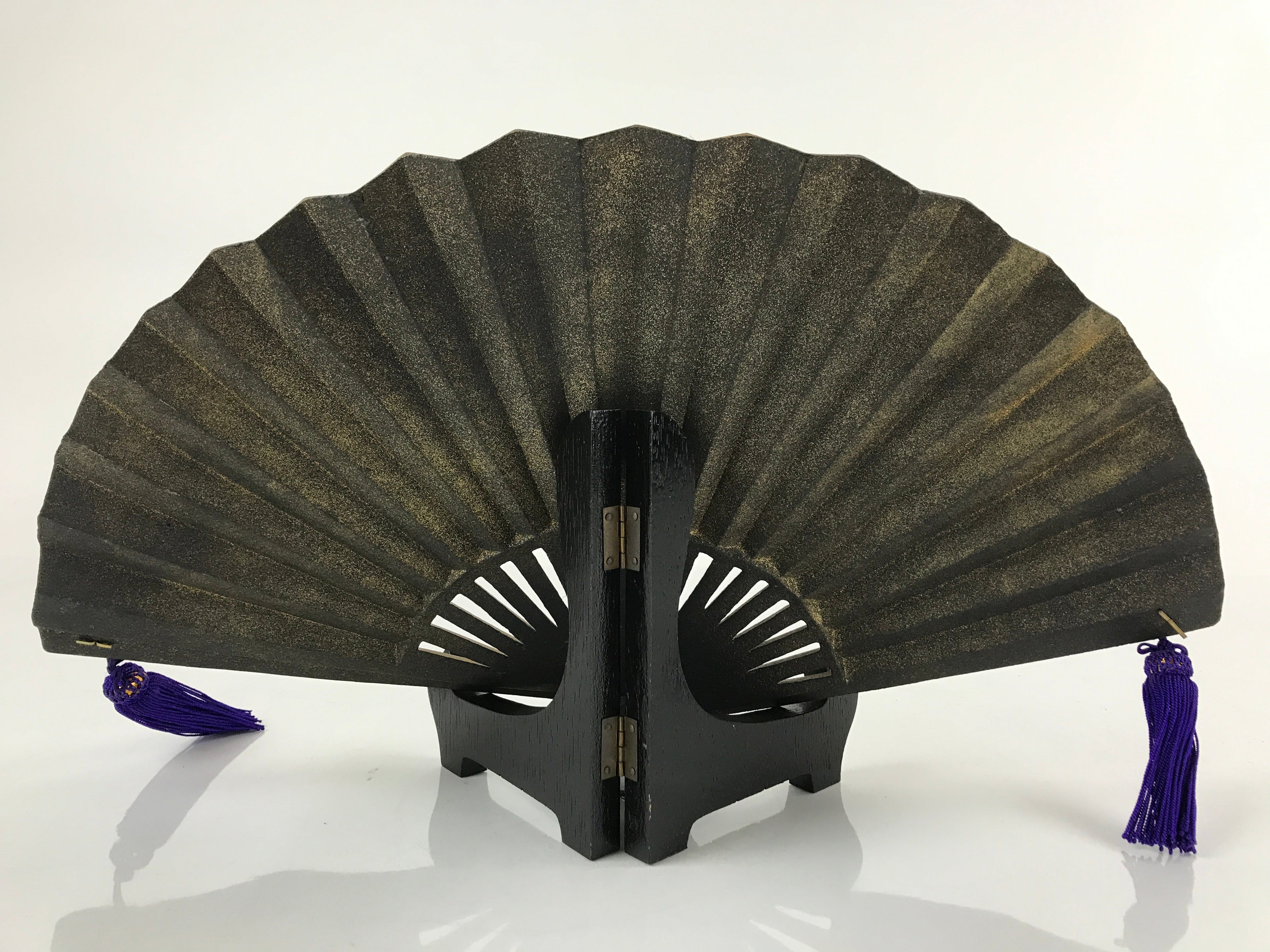 Japanese Metal Folding Fan Sensu Vtg Stand Purple Tassel Pine Matsu Gold BD977