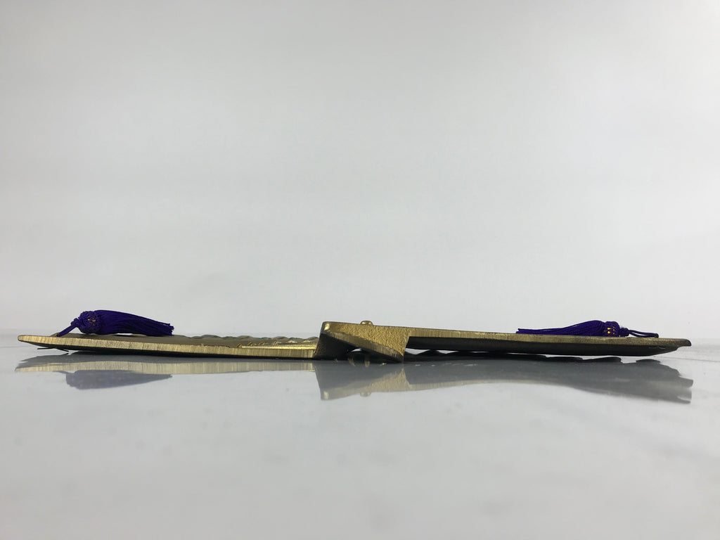 Japanese Metal Folding Fan Sensu Vtg Stand Purple Tassel Pine Matsu Gold BD977