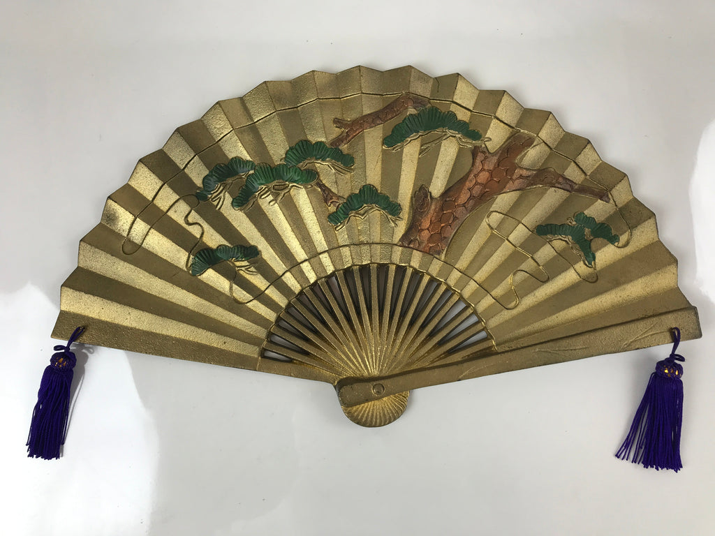 Japanese Metal Folding Fan Sensu Vtg Stand Purple Tassel Pine Matsu Gold BD977