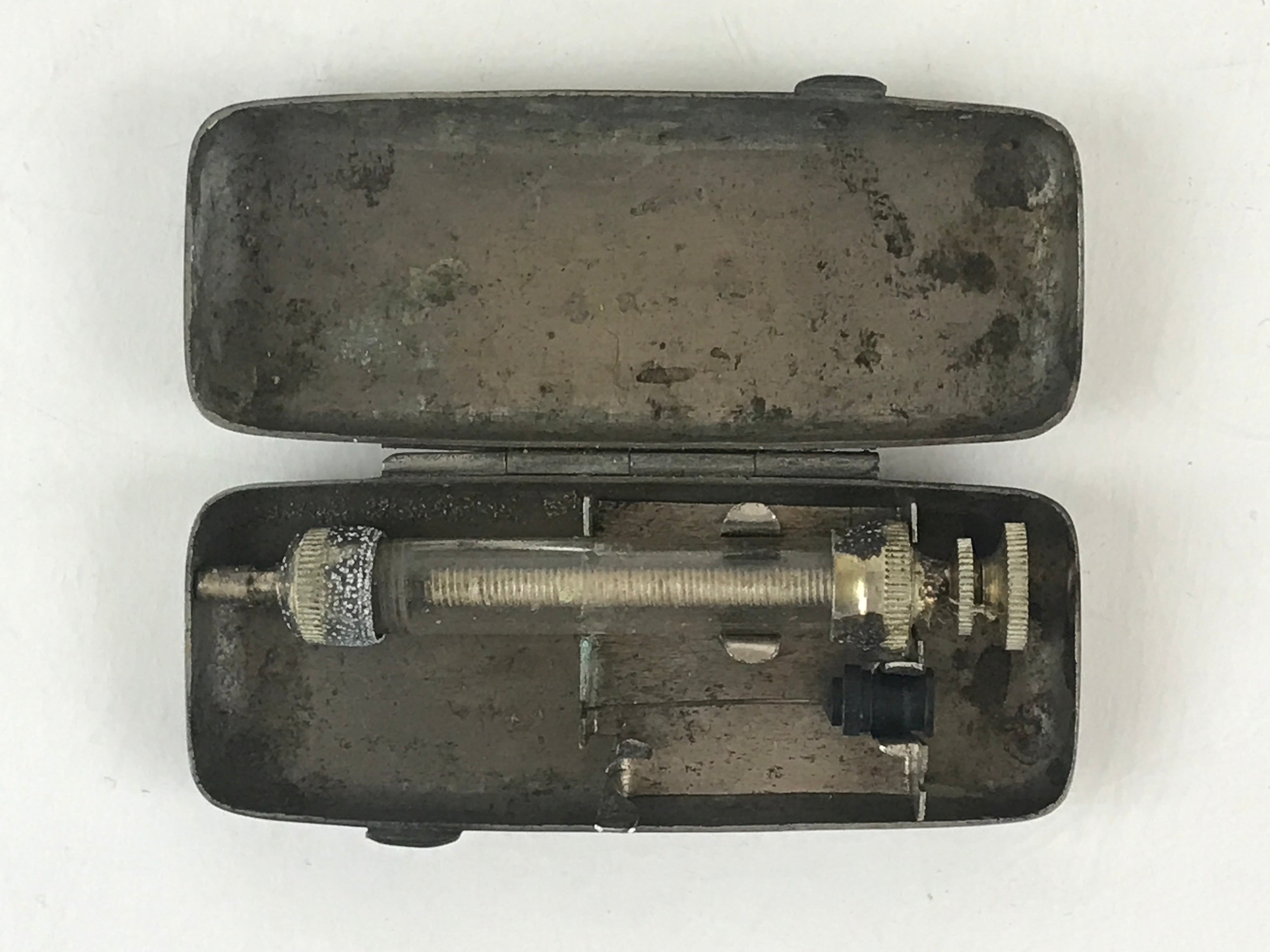 Japanese Metal Frame Small Syringe with Case Vtg Experiment Military Medical JK4