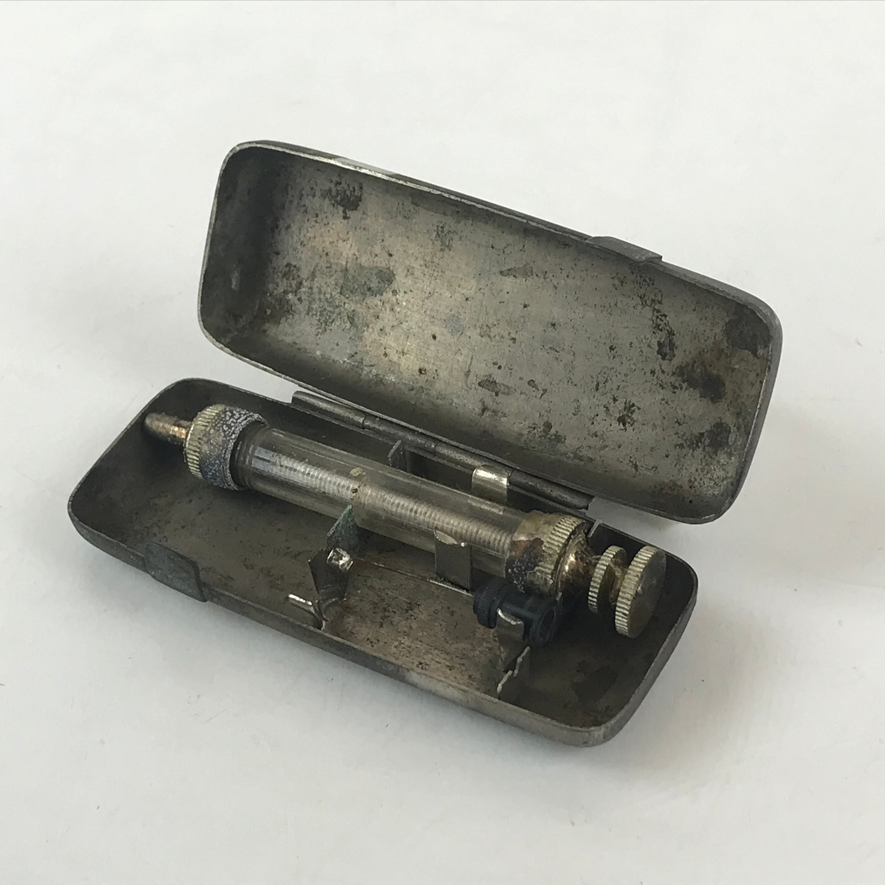 Japanese Metal Frame Small Syringe with Case Vtg Experiment Military Medical JK4