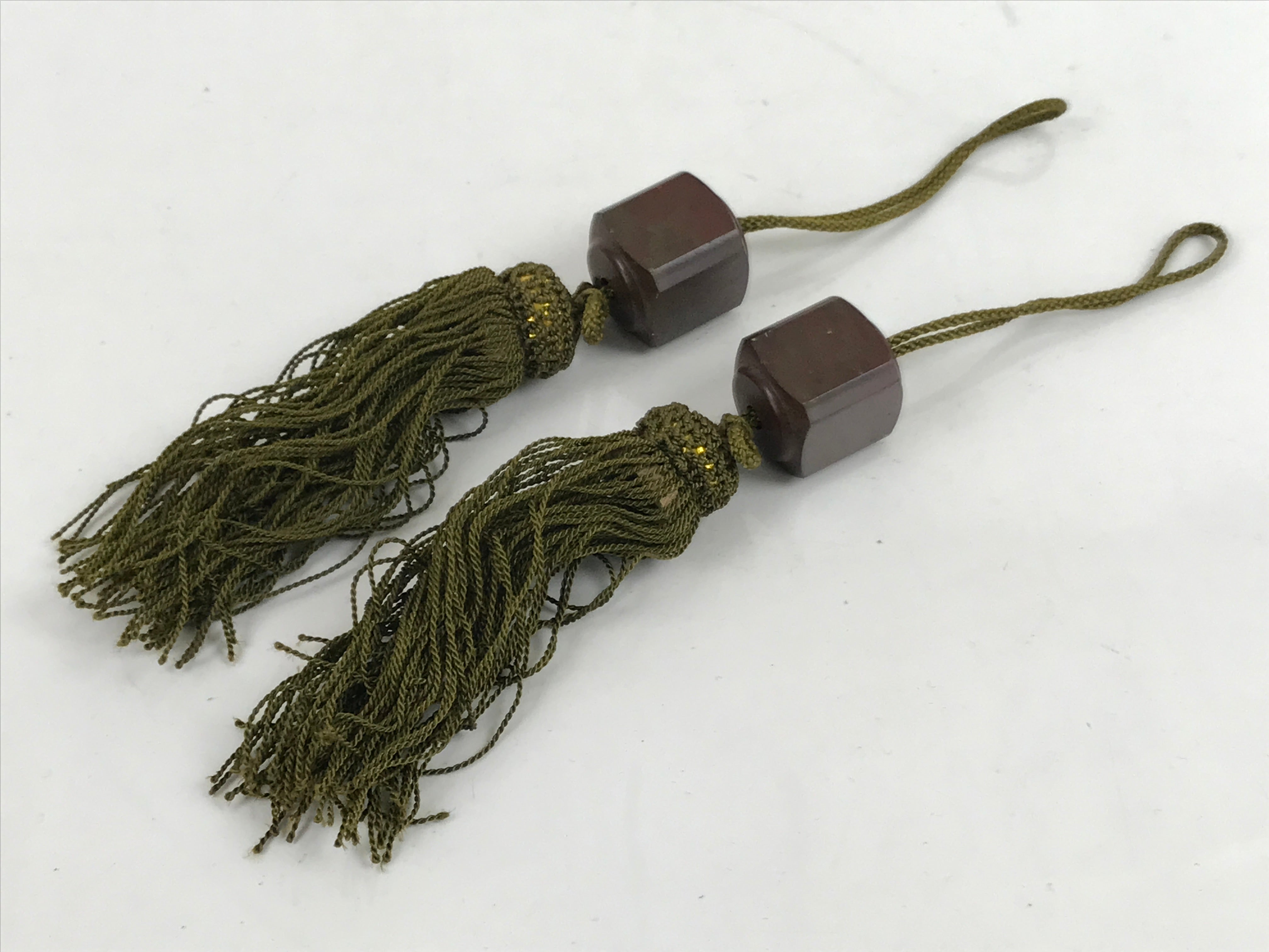 Japanese Metal Hanging Scroll Weights Vtg Fuchin Kakejiku Green Tassel FC352